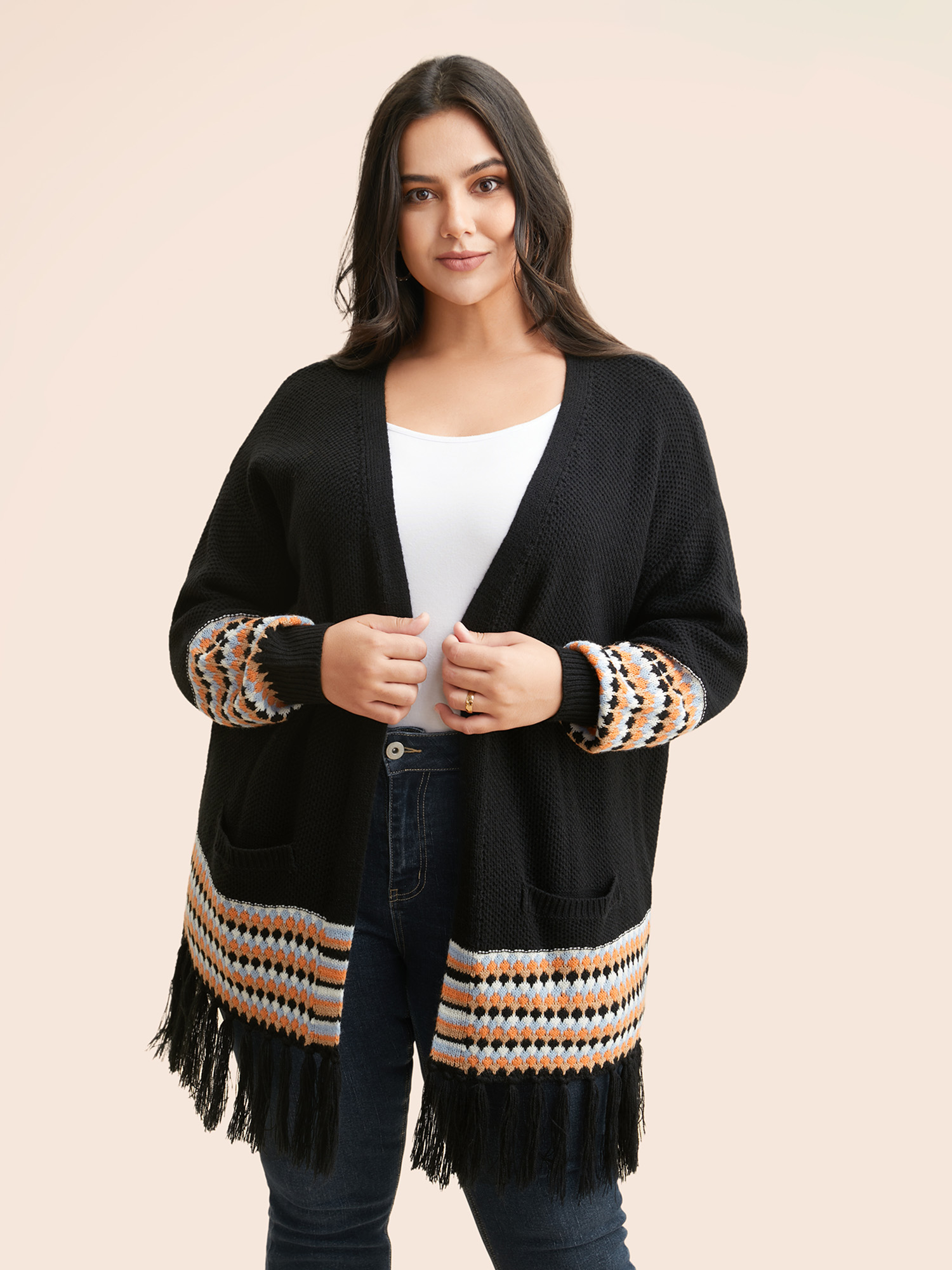 

Plus Size Geometric Tassel Trim Lantern Sleeve Cardigan Black Women Casual Loose Long Sleeve Everyday Cardigans BloomChic