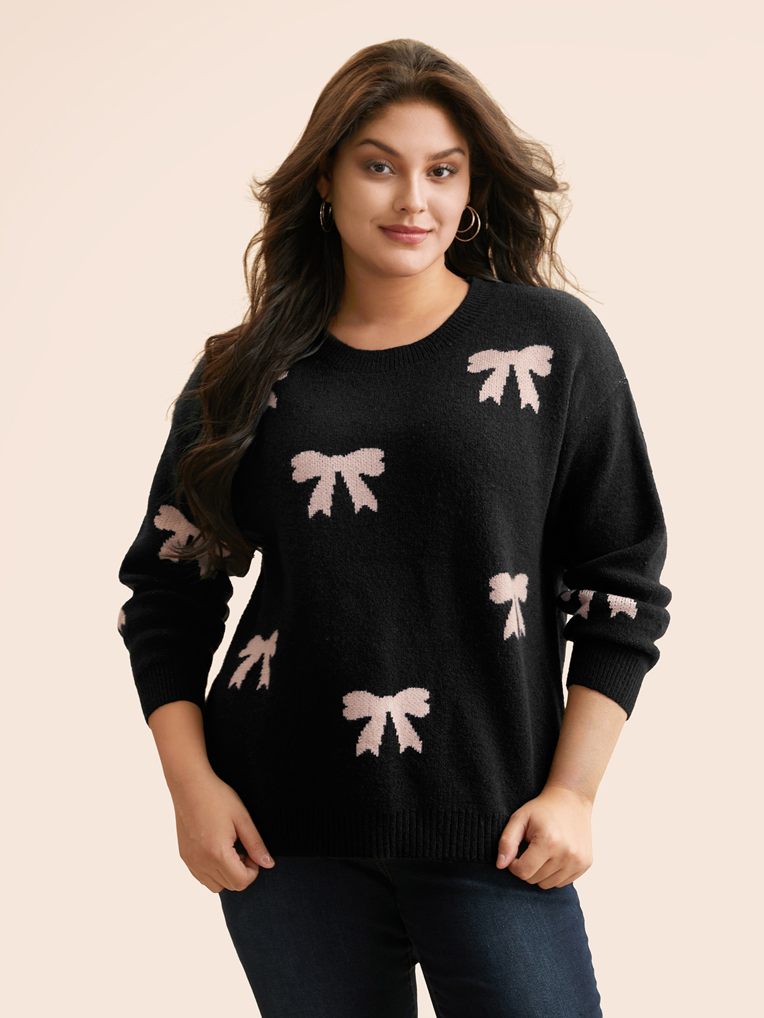 

Plus Size Bowknot Round Neck Slit Hem Pullover Black Women Casual Long Sleeve Round Neck Everyday Pullovers BloomChic