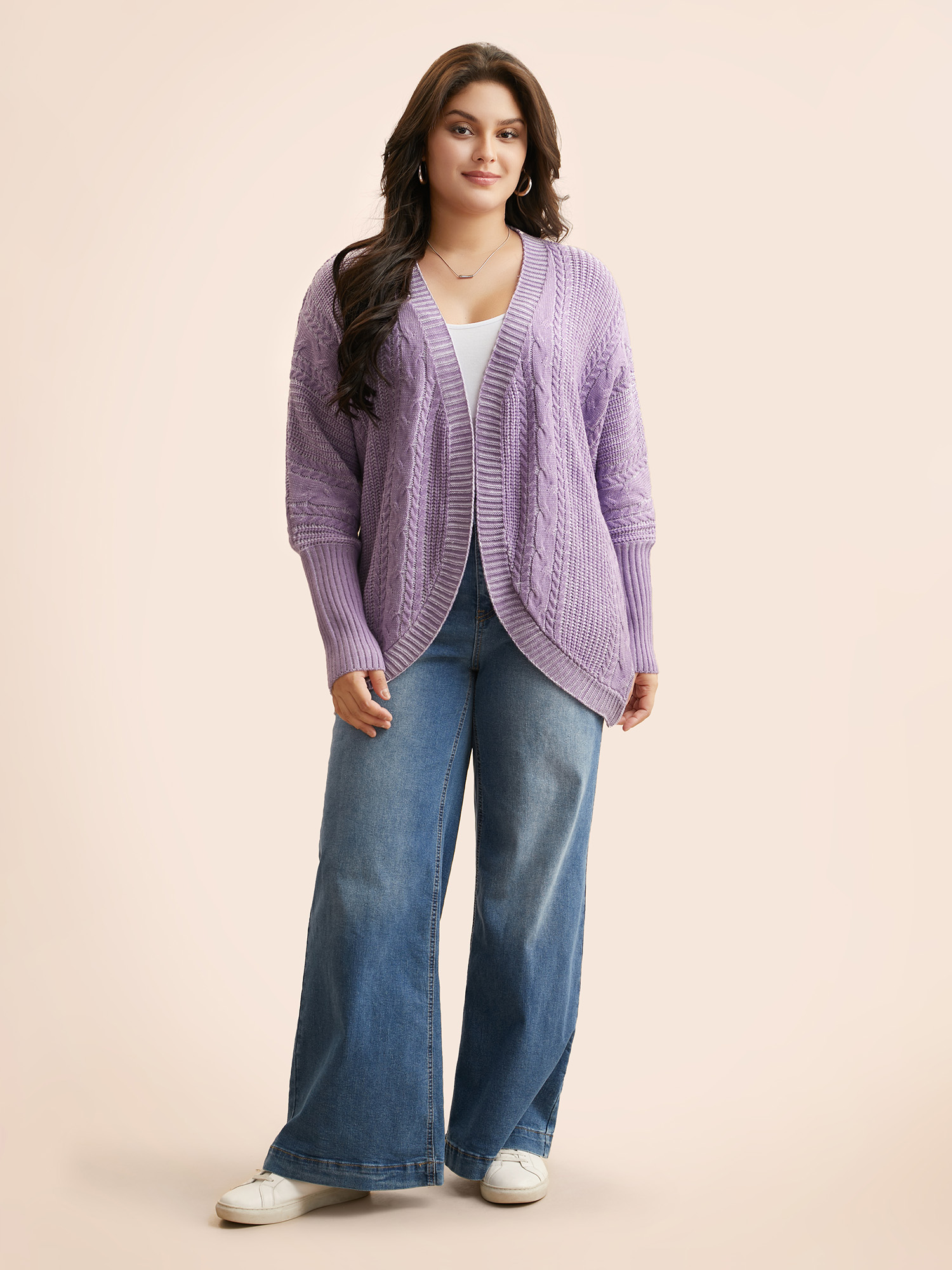 

Plus Size Plain Cable Knit Dolman Sleeve Cardigan Lilac Women Casual Loose Long Sleeve Everyday Cardigans BloomChic