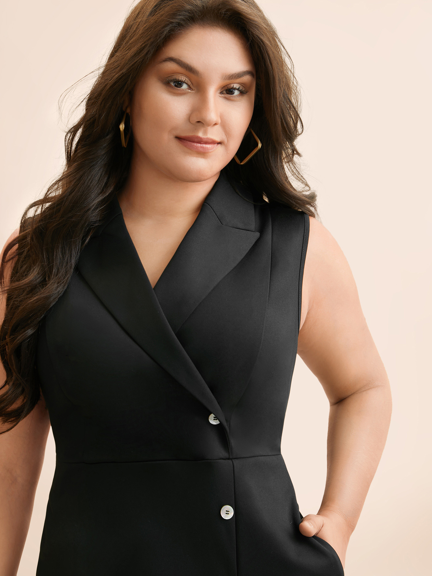 Plus Size Suit Collar Contrast Patchwork Sleeveless Dress Black Women At the Office Contrast Suit Collar Sleeveless Curvy BloomChic 12/L 