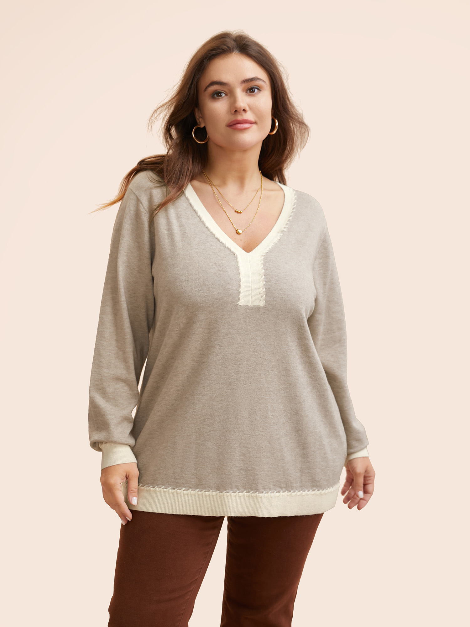 

Plus Size Supersoft Essentials V Neck Contrast Crochet Pullover Apricot Women Casual Long Sleeve V-neck Everyday Pullovers BloomChic