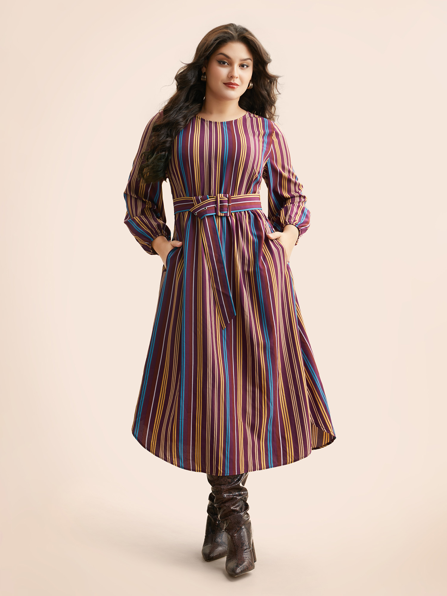 

Plus Size Round Neck Contrast Striped Belted Dress Deeppurplered Women At the Office Belted Round Neck Long Sleeve Curvy BloomChic