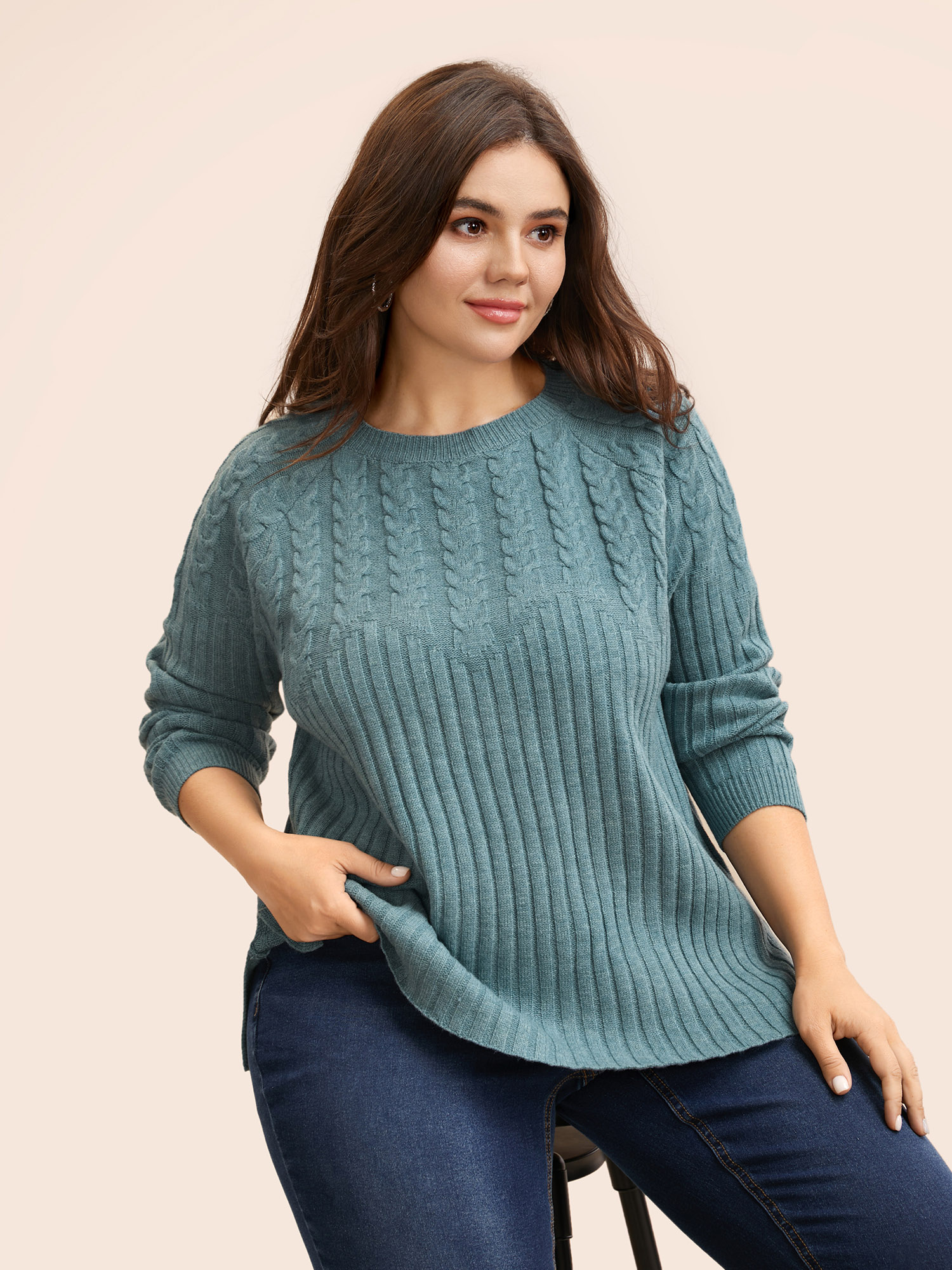 

Plus Size Solid Cable Knit Raglan Sleeve Pullover SlateGray Women Casual Long Sleeve Round Neck Everyday Pullovers BloomChic