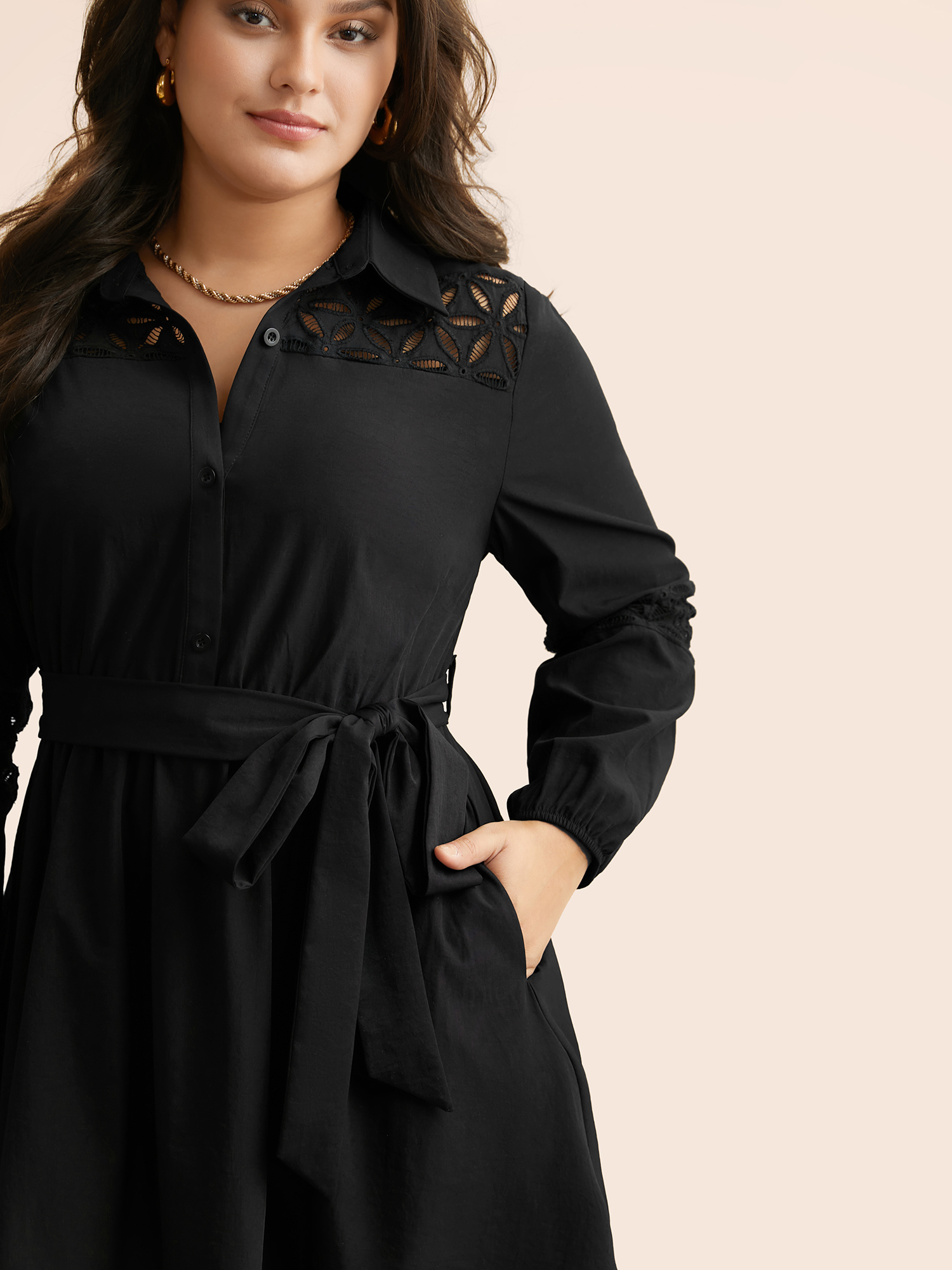 

Plus Size Solid Button Up Woven Ribbon Dress Black Women At the Office Woven ribbon&lace trim Shirt collar Long Sleeve Curvy BloomChic