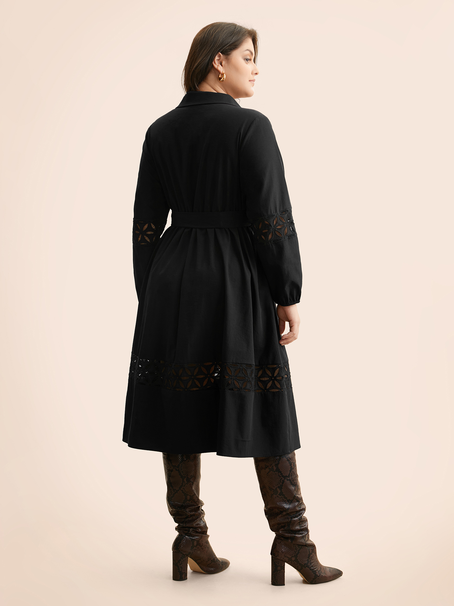 

Plus Size Solid Button Up Woven Ribbon Dress Black Women At the Office Woven ribbon&lace trim Shirt collar Long Sleeve Curvy BloomChic