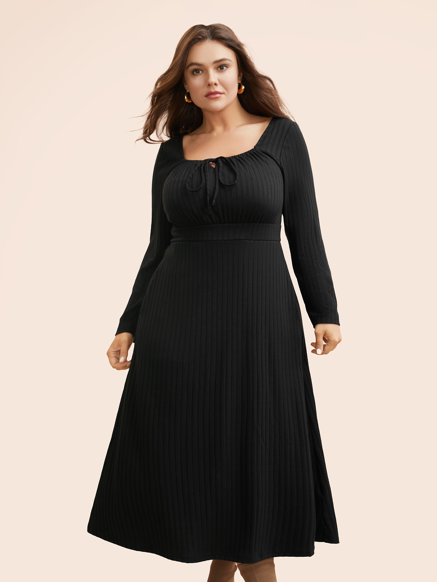 

Plus Size Square Neck Rib Knit Drawstring Dress Black Women Elegant Texture Square Neck Long Sleeve Curvy BloomChic