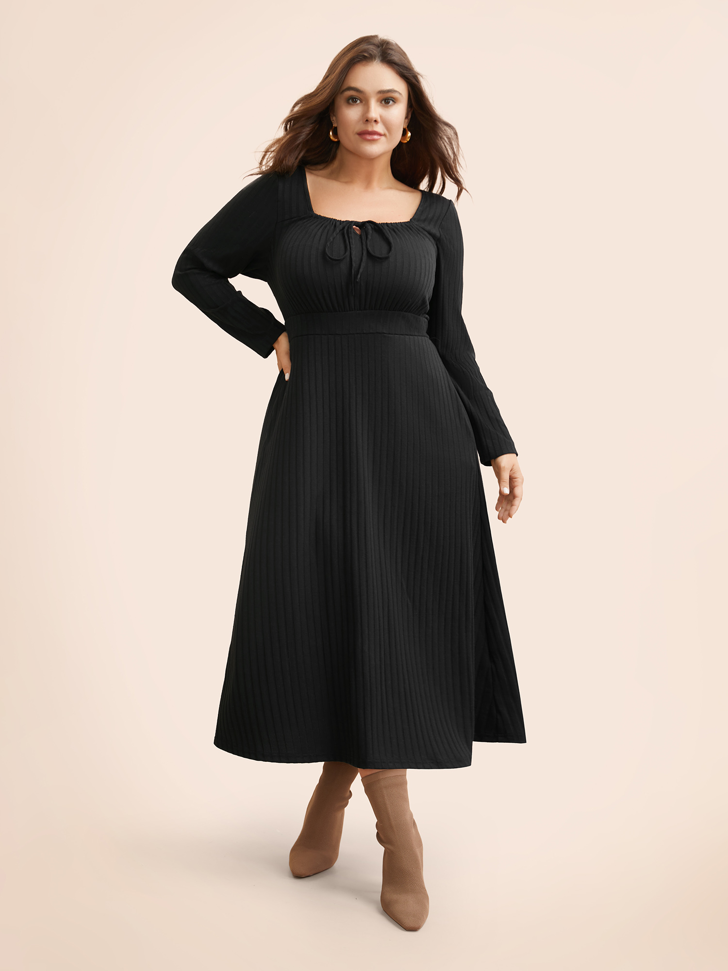 

Plus Size Square Neck Rib Knit Drawstring Dress Black Women Elegant Texture Square Neck Long Sleeve Curvy BloomChic