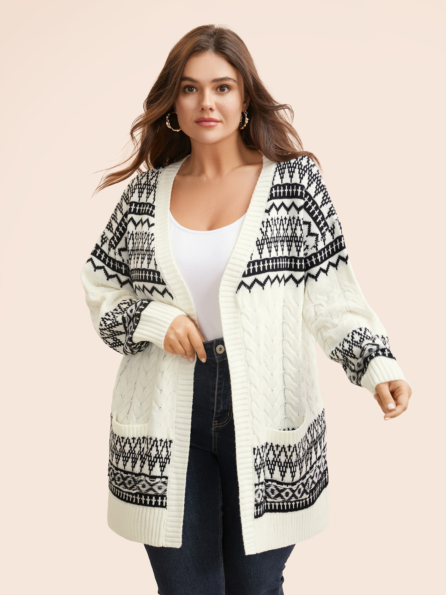 

Plus Size Bandana Jacquard Cable Knit Pocket Cardigan Ivory Women Casual Loose Long Sleeve Everyday Cardigans BloomChic