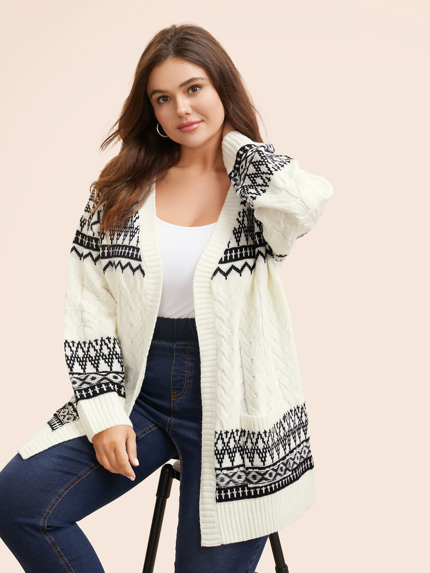 

Plus Size Bandana Jacquard Cable Knit Pocket Cardigan Ivory Women Casual Loose Long Sleeve Everyday Cardigans BloomChic