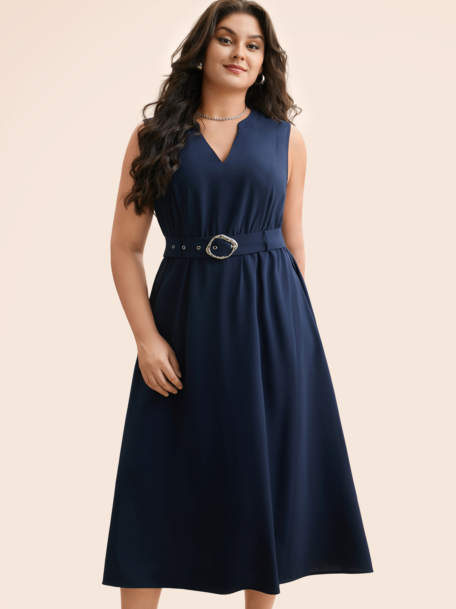 

Plus Size Notched Collar Belted Tank Dress Indigo Women Workwear Essentials Belted Notched collar Sleeveless Curvy BloomChic