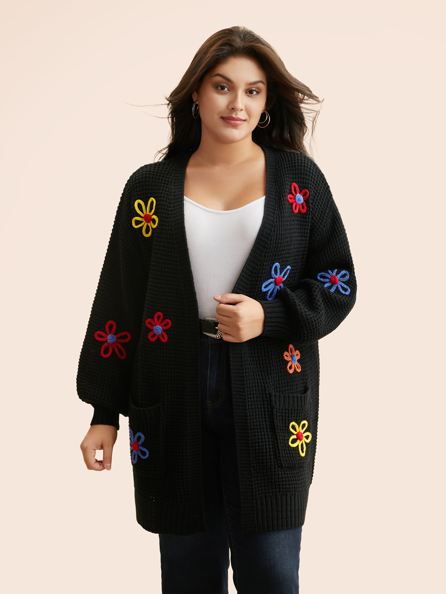 

Plus Size Crochet Floral Puff Sleeve Pocket Cardigan Black Women Casual Loose Long Sleeve Everyday Cardigans BloomChic