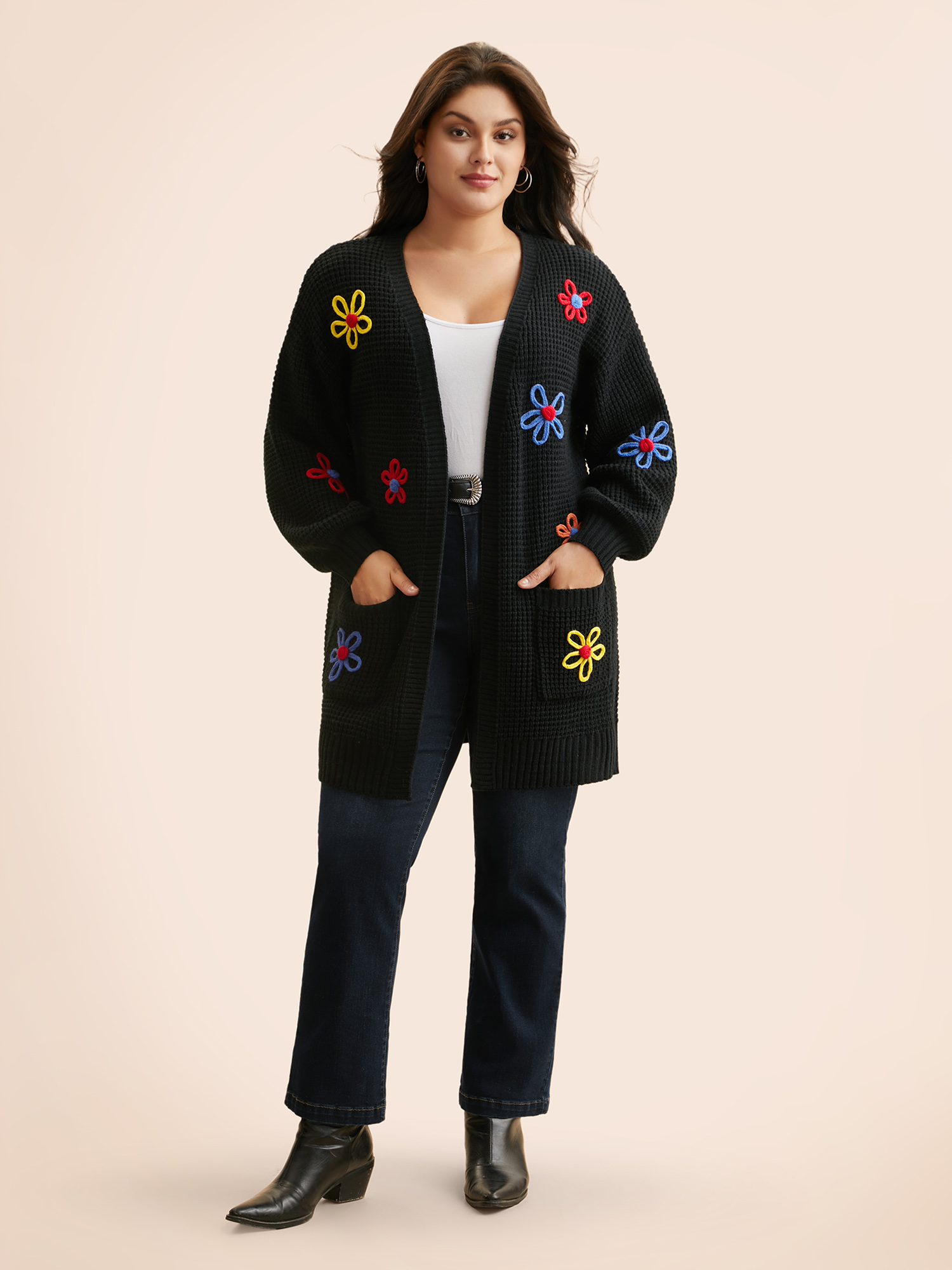 Plus Size Crochet Floral Puff Sleeve Pocket Cardigan Black Women Casual Loose Long Sleeve Everyday Cardigans BloomChic 28/5X 