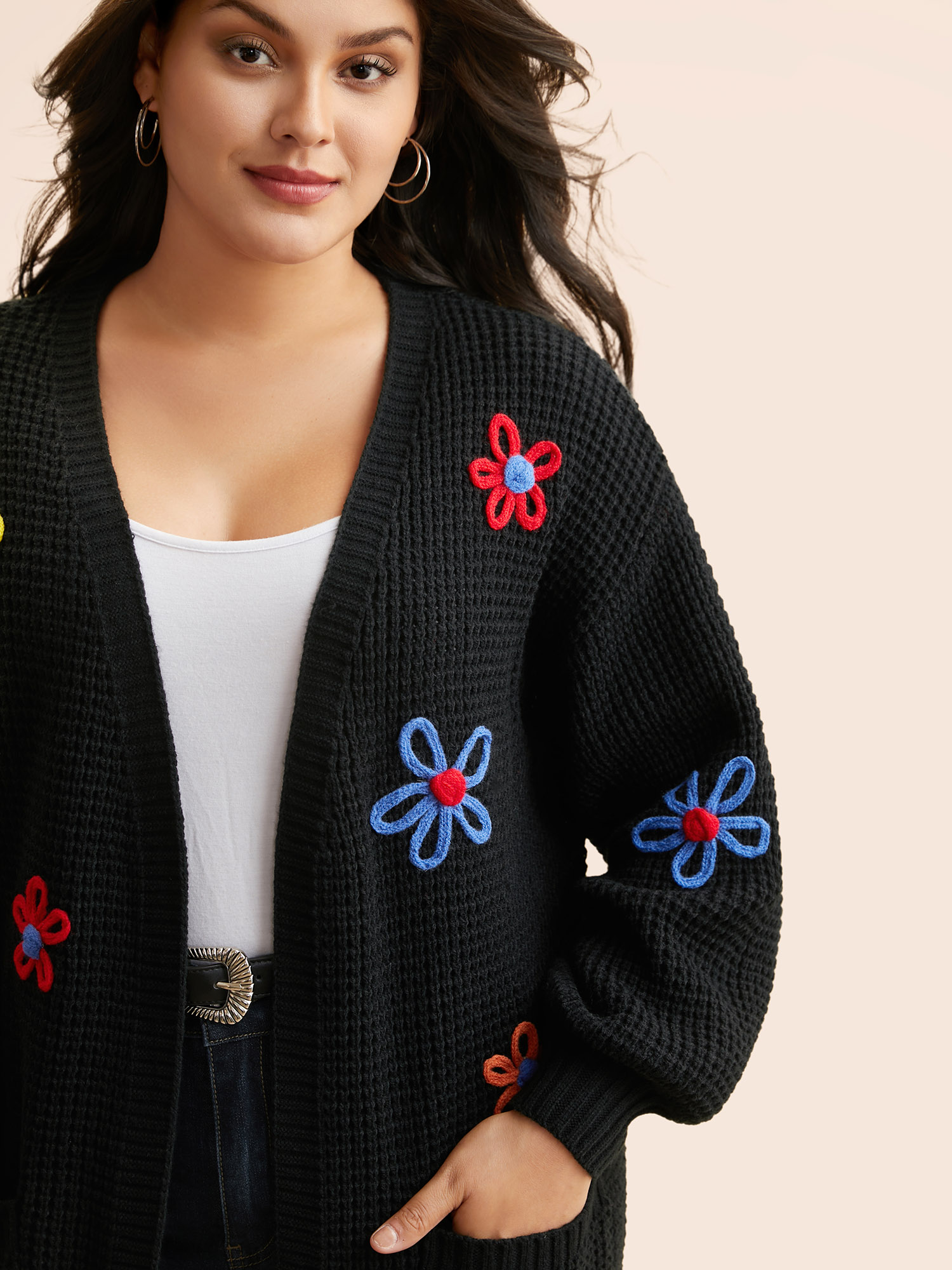 Plus Size Crochet Floral Puff Sleeve Pocket Cardigan Black Women Casual Loose Long Sleeve Everyday Cardigans BloomChic 28/5X 