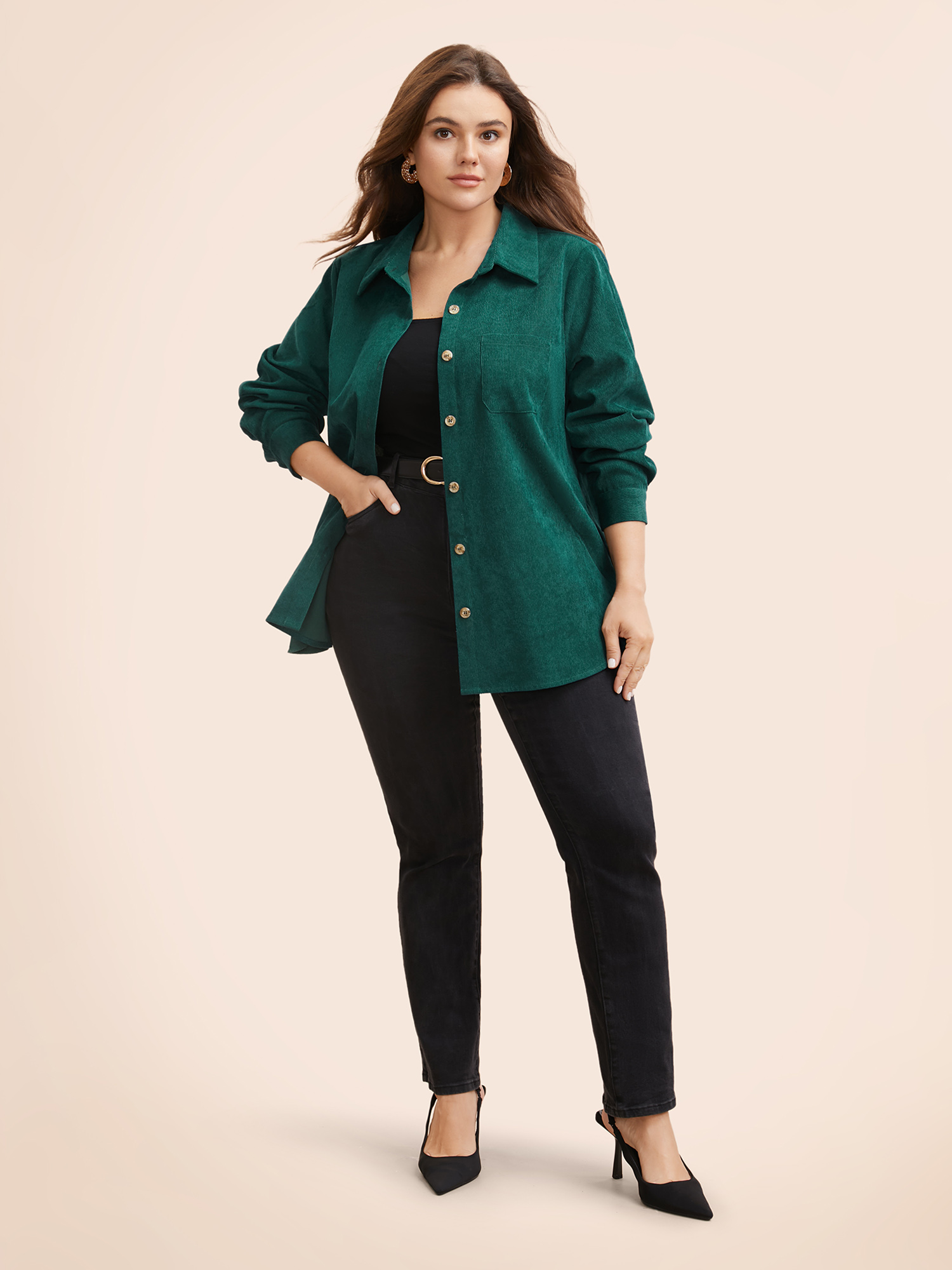 

Plus Size Textured Pocket Curved Hem Jacket Women DarkGreen Button Side seam pocket Everyday Jackets BloomChic