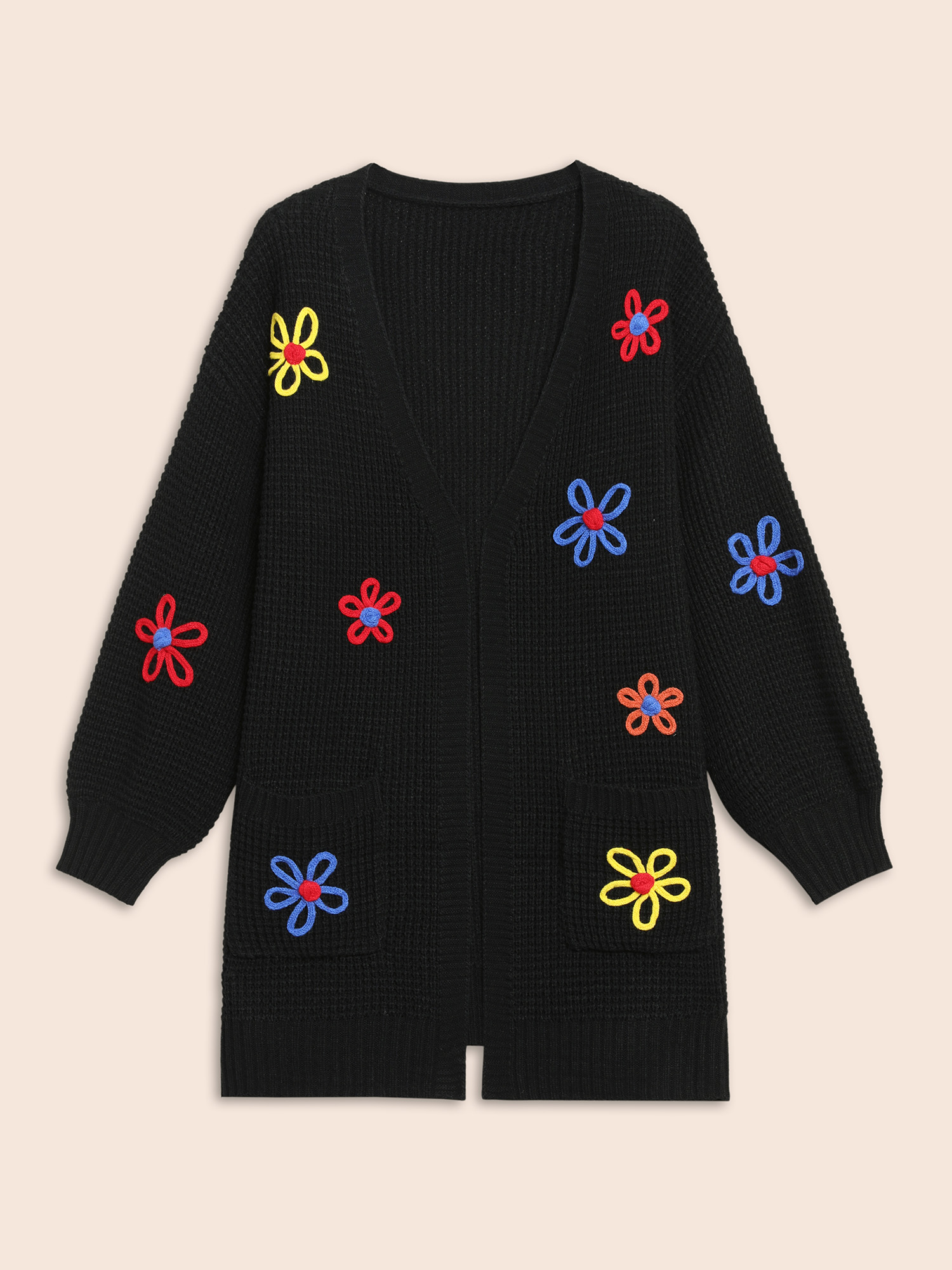 Plus Size Crochet Floral Puff Sleeve Pocket Cardigan Black Women Casual Loose Long Sleeve Everyday Cardigans BloomChic 28/5X 
