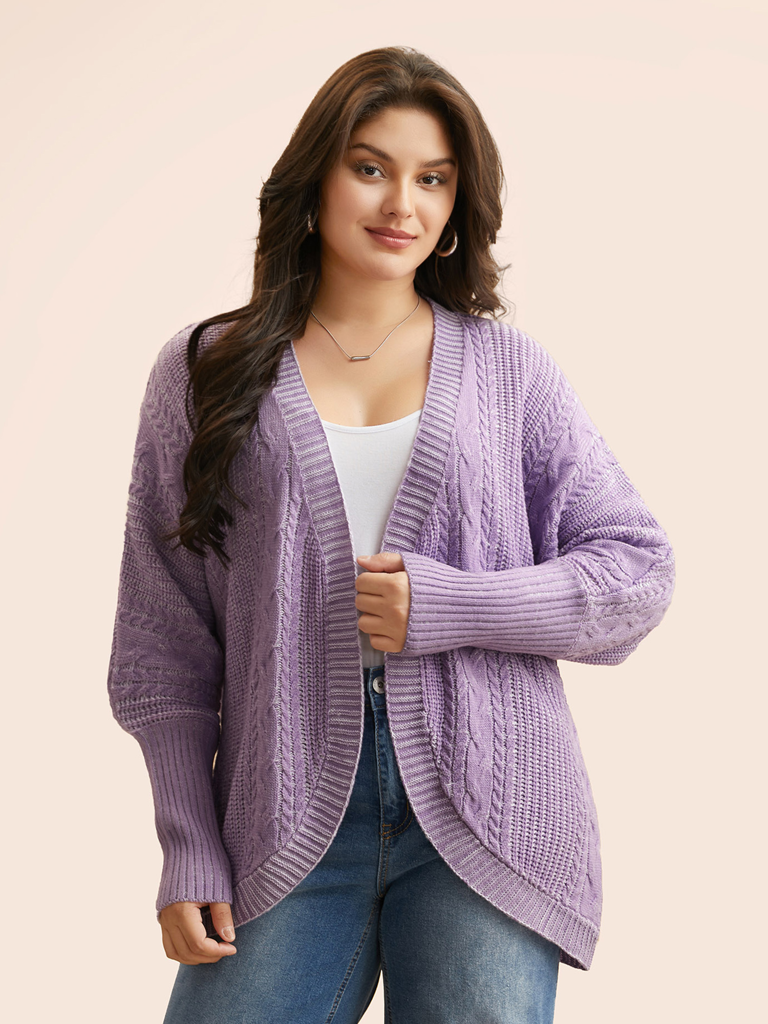 

Plus Size Plain Cable Knit Dolman Sleeve Cardigan Lilac Women Casual Loose Long Sleeve Everyday Cardigans BloomChic