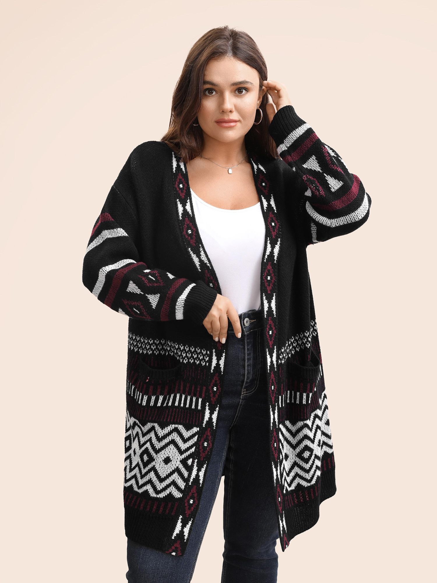 

Plus Size Bandana Drop Shoulder Pocket Cardigan Black Women Casual Loose Long Sleeve Everyday Cardigans BloomChic