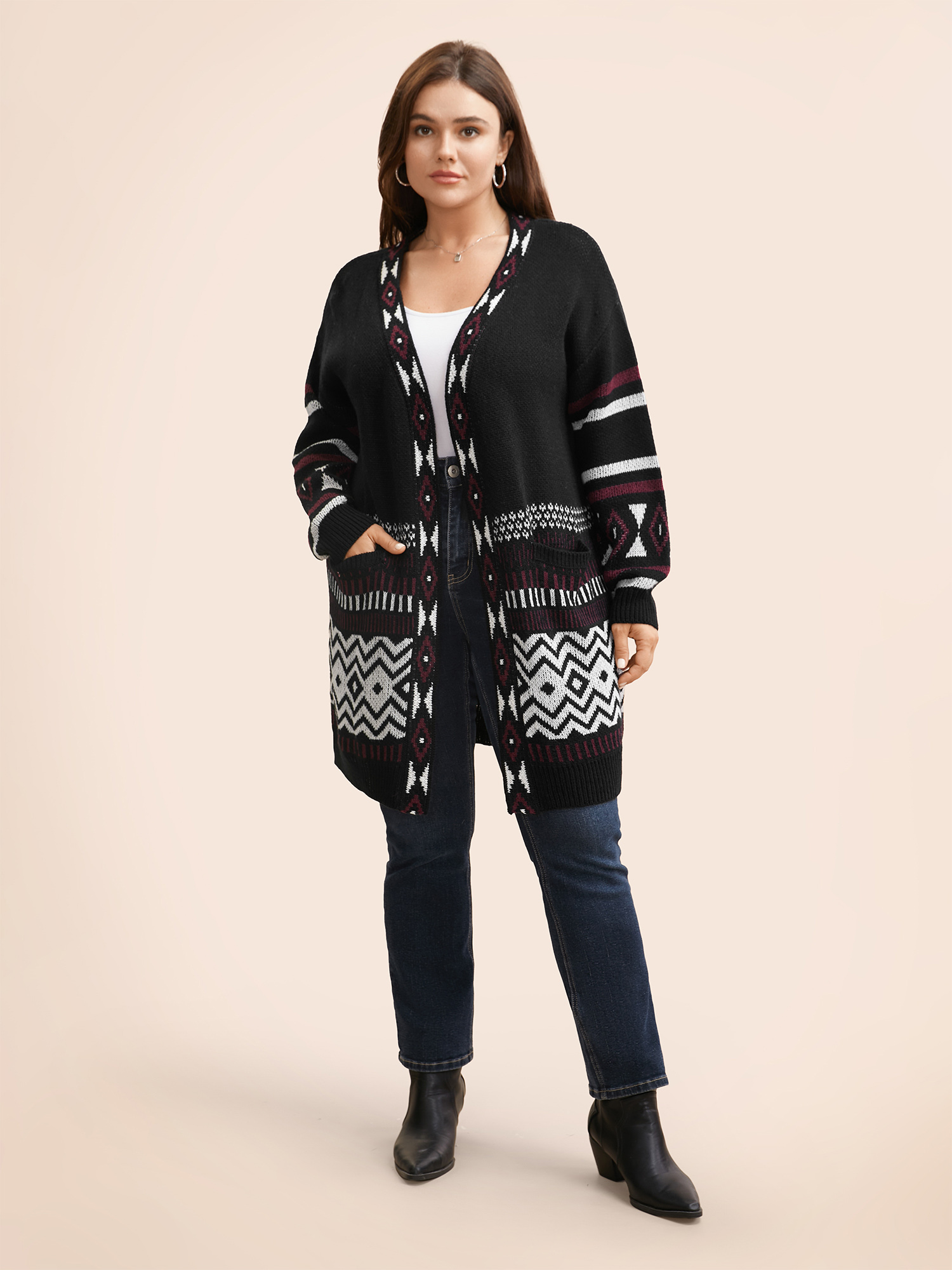 Plus Size Bandana Drop Shoulder Pocket Cardigan Black Women Casual Loose Long Sleeve Everyday Cardigans BloomChic 18-20/2X 