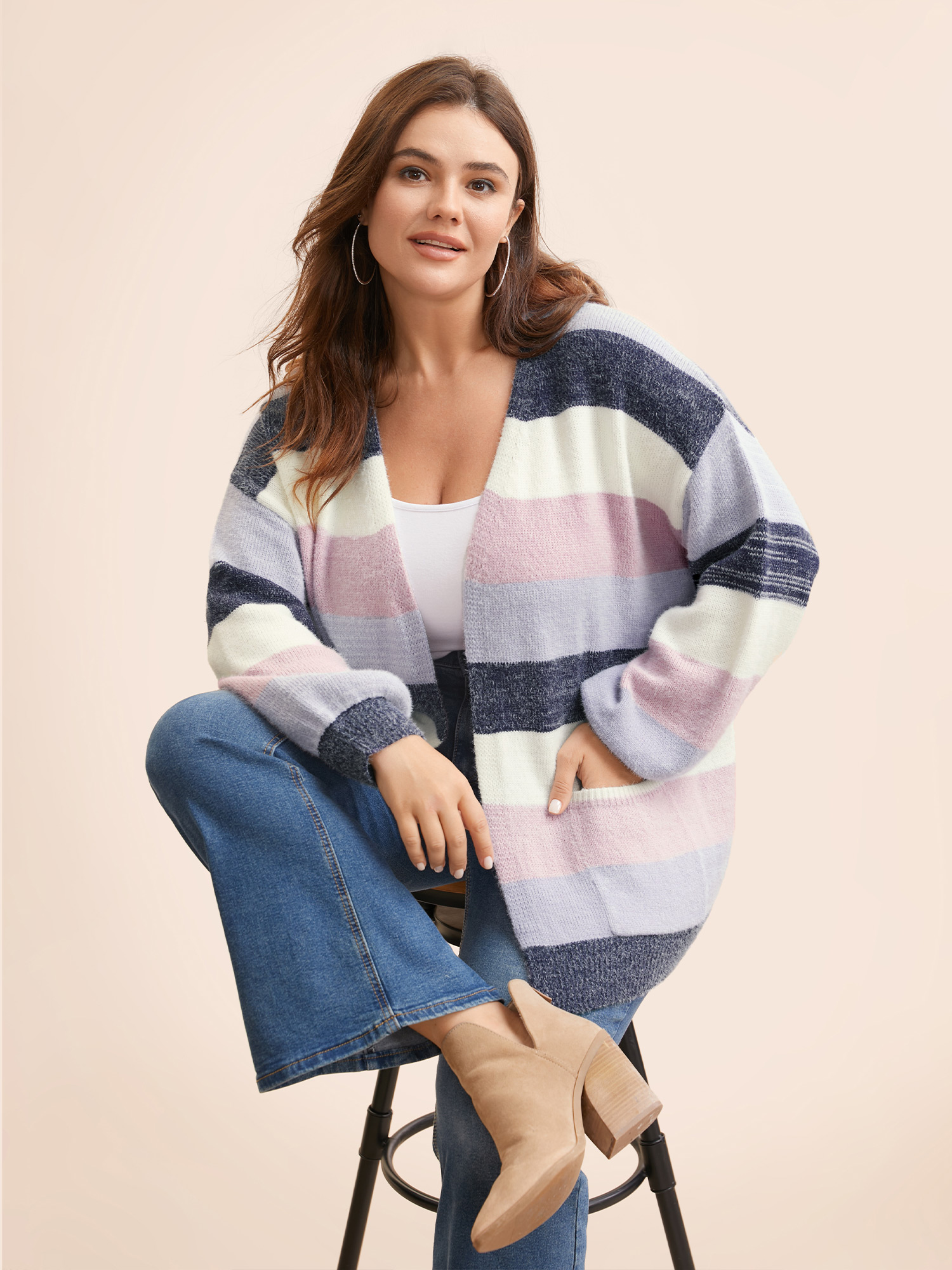 

Plus Size Colorblock Contrast Patched Pocket Cardigan Multicolor Women Casual Loose Long Sleeve Everyday Cardigans BloomChic