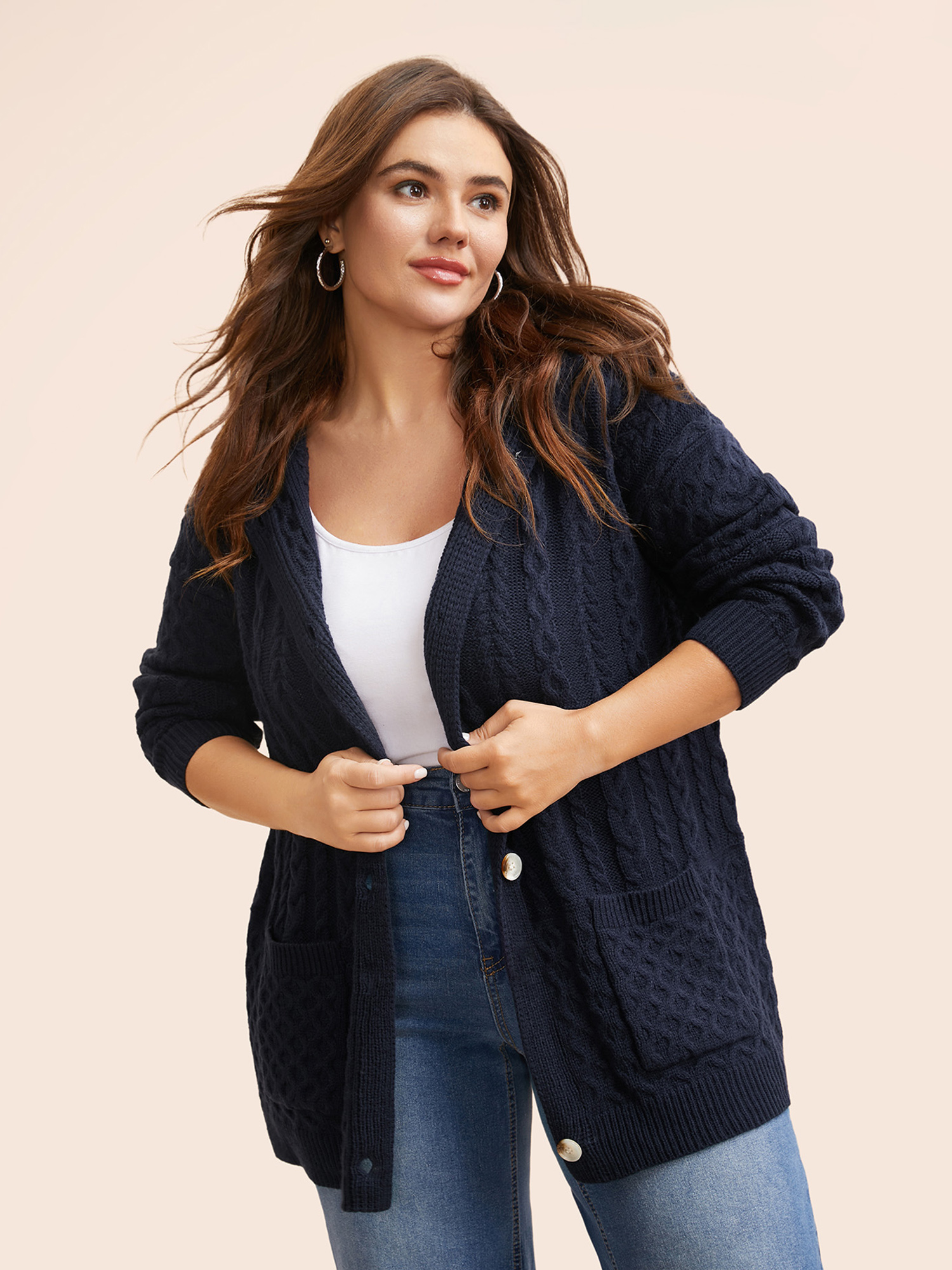 

Plus Size Solid Cable Knit Hooded Cardigan Indigo Women Casual Loose Long Sleeve Everyday Cardigans BloomChic