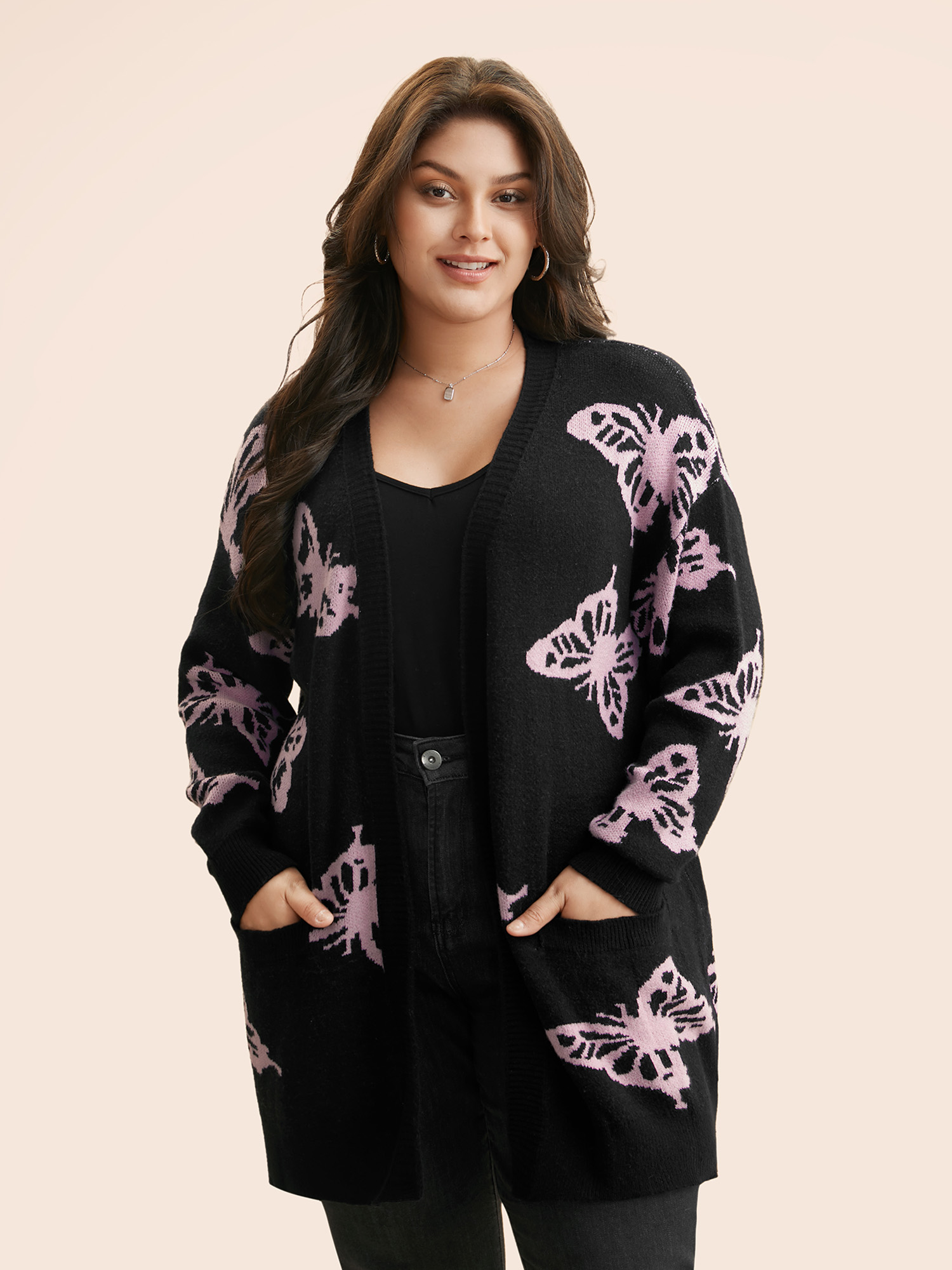 

Plus Size Butterfly Print Open Front Cardigan Black Women Casual Loose Long Sleeve Everyday Cardigans BloomChic