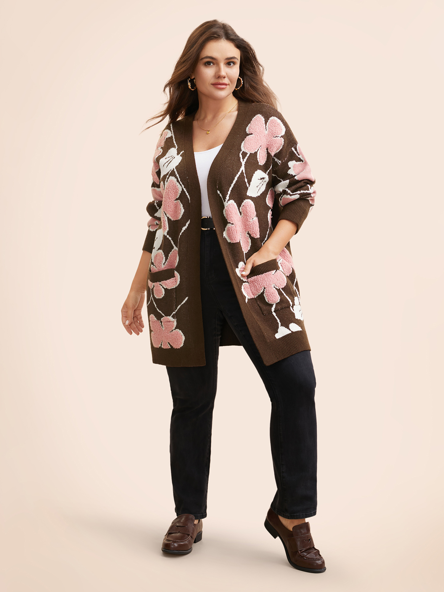Plus Size Floral Jacquard Open Front Pocket Cardigan Browncoffeecolor Women Casual Loose Long Sleeve Everyday Cardigans BloomChic 14-16/1X 