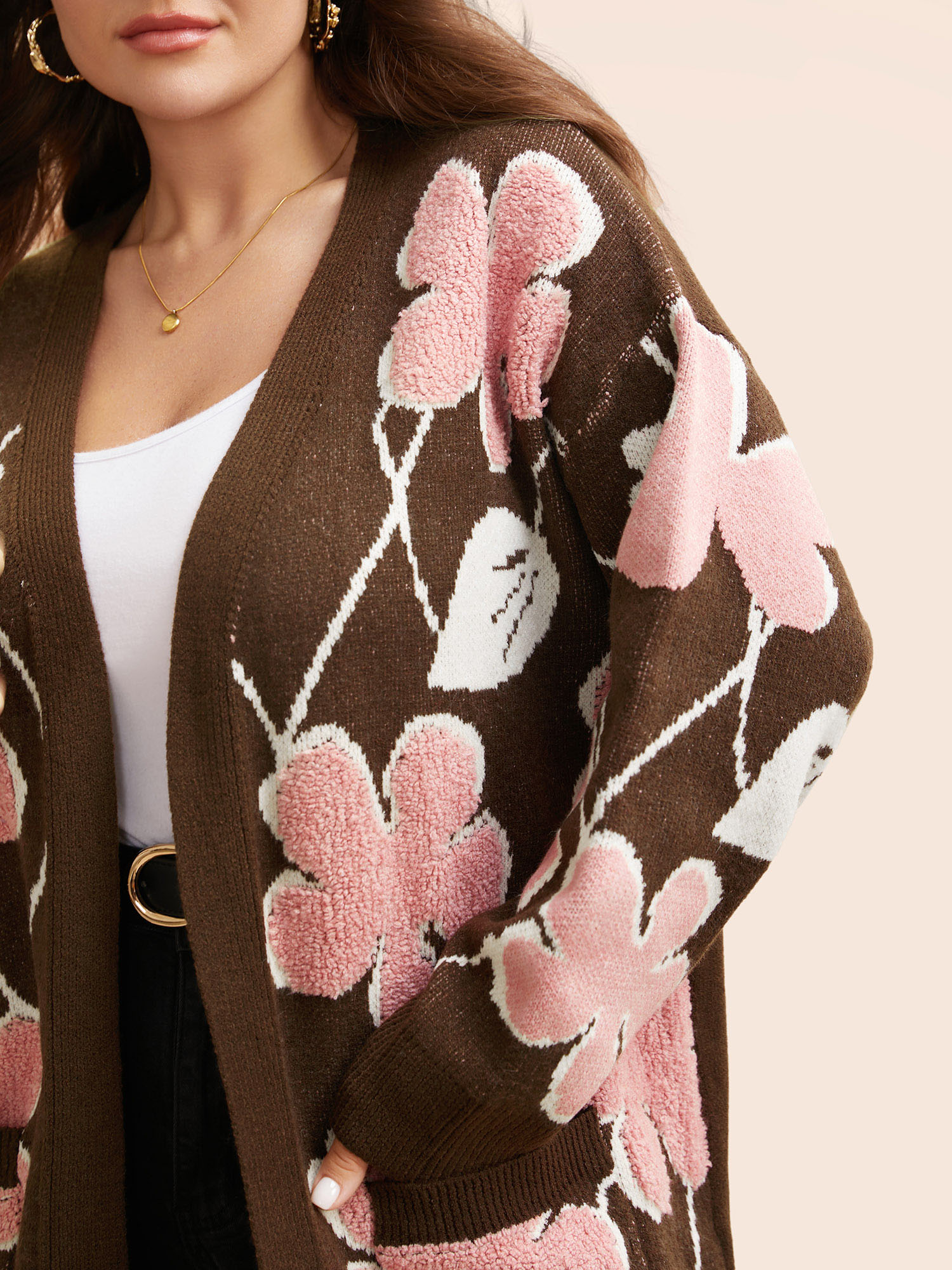 Plus Size Floral Jacquard Open Front Pocket Cardigan Browncoffeecolor Women Casual Loose Long Sleeve Everyday Cardigans BloomChic 14-16/1X 