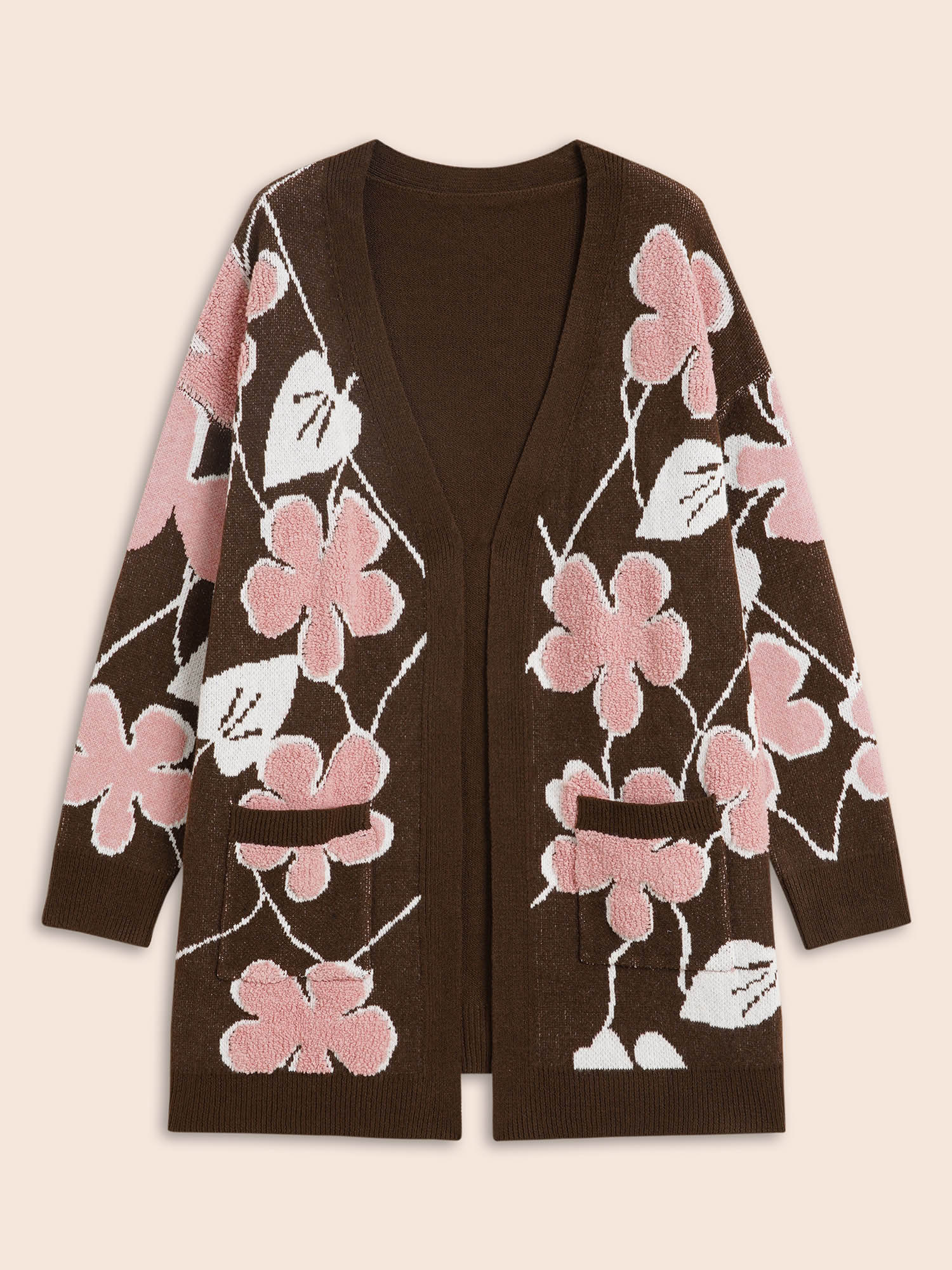 Plus Size Floral Jacquard Open Front Pocket Cardigan Browncoffeecolor Women Casual Loose Long Sleeve Everyday Cardigans BloomChic 14-16/1X 