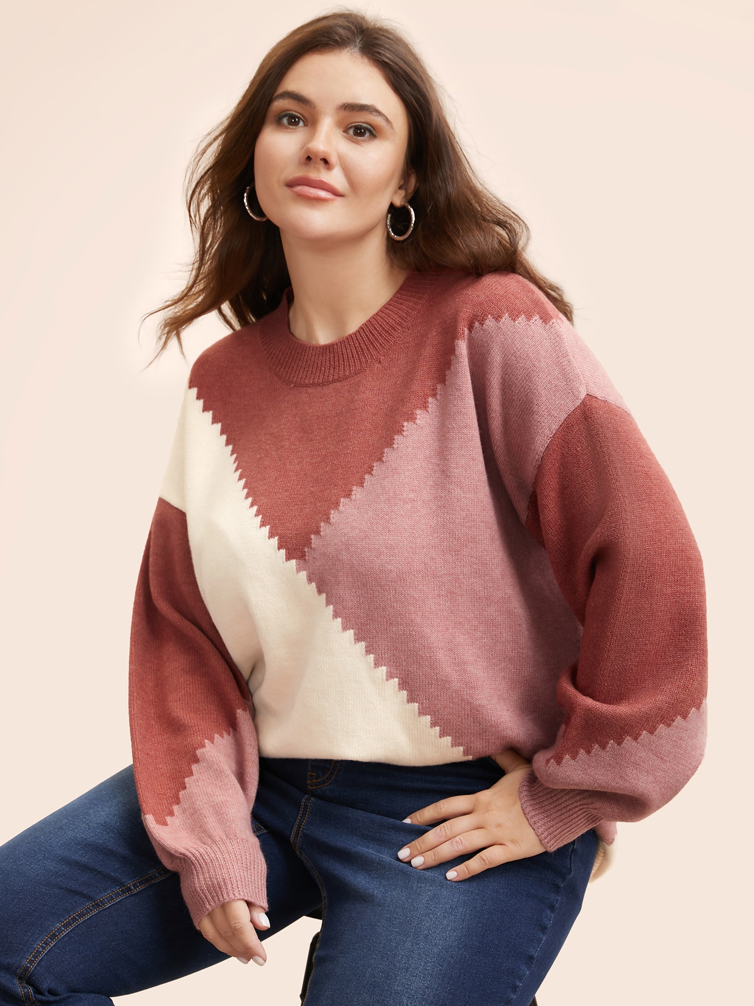 

Plus Size Colorblock Contrast Round Neck Pullover DustyPink Women Casual Long Sleeve Round Neck Everyday Pullovers BloomChic