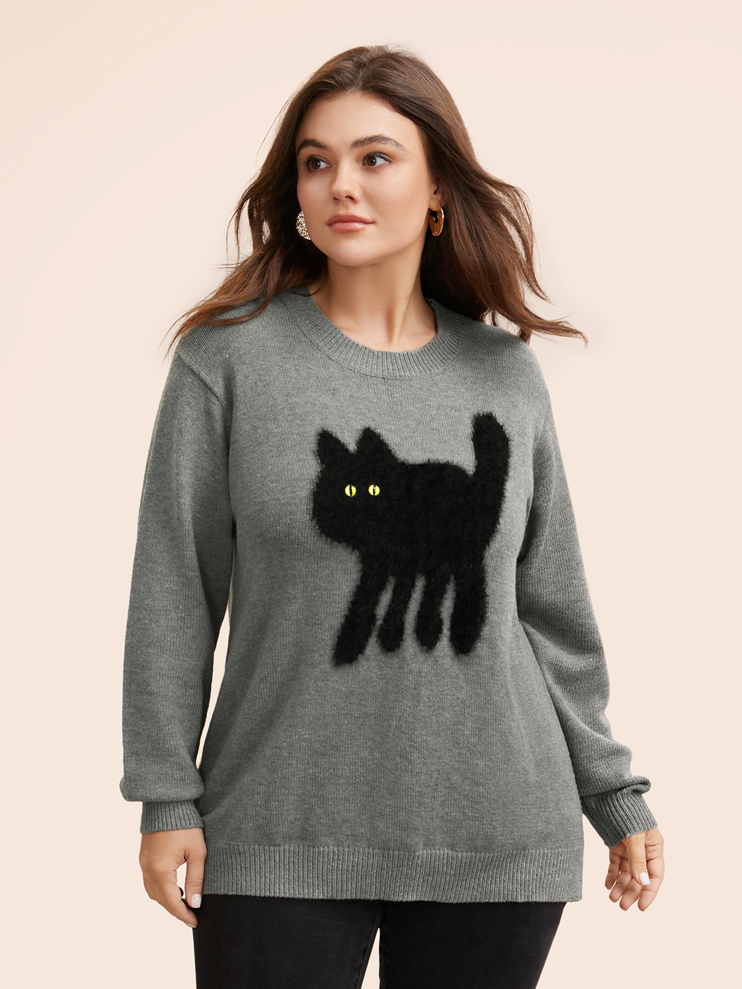 

Plus Size Supersoft Essentials Cat Slit Hem Pullover Mediumgray Women Casual Long Sleeve Round Neck Everyday Pullovers BloomChic