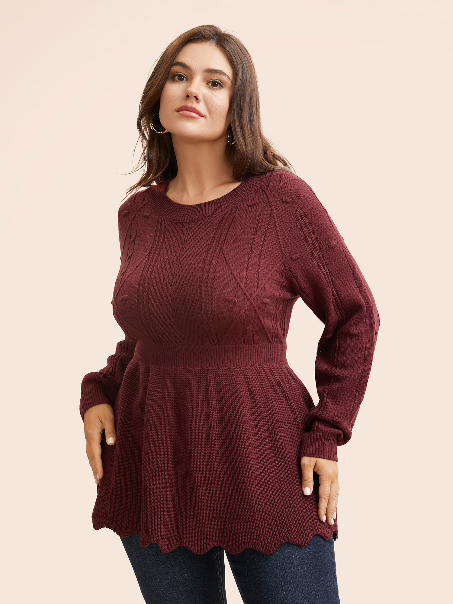 

Plus Size Plain Textured Scalloped Trim Pullover Deepred Women Casual Bodycon Long Sleeve Round Neck Everyday Pullovers BloomChic