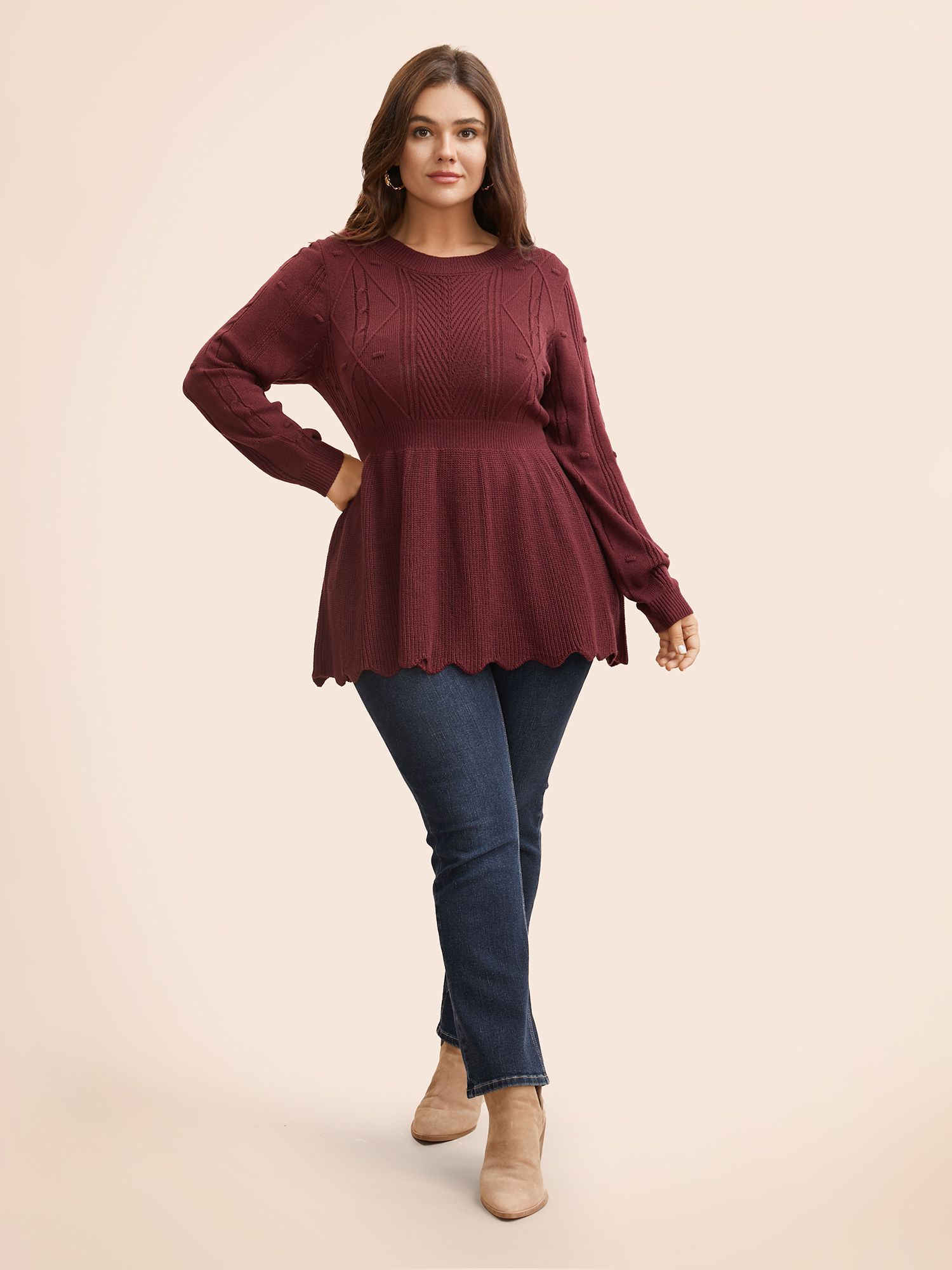 

Plus Size Plain Textured Scalloped Trim Pullover Deepred Women Casual Bodycon Long Sleeve Round Neck Everyday Pullovers BloomChic