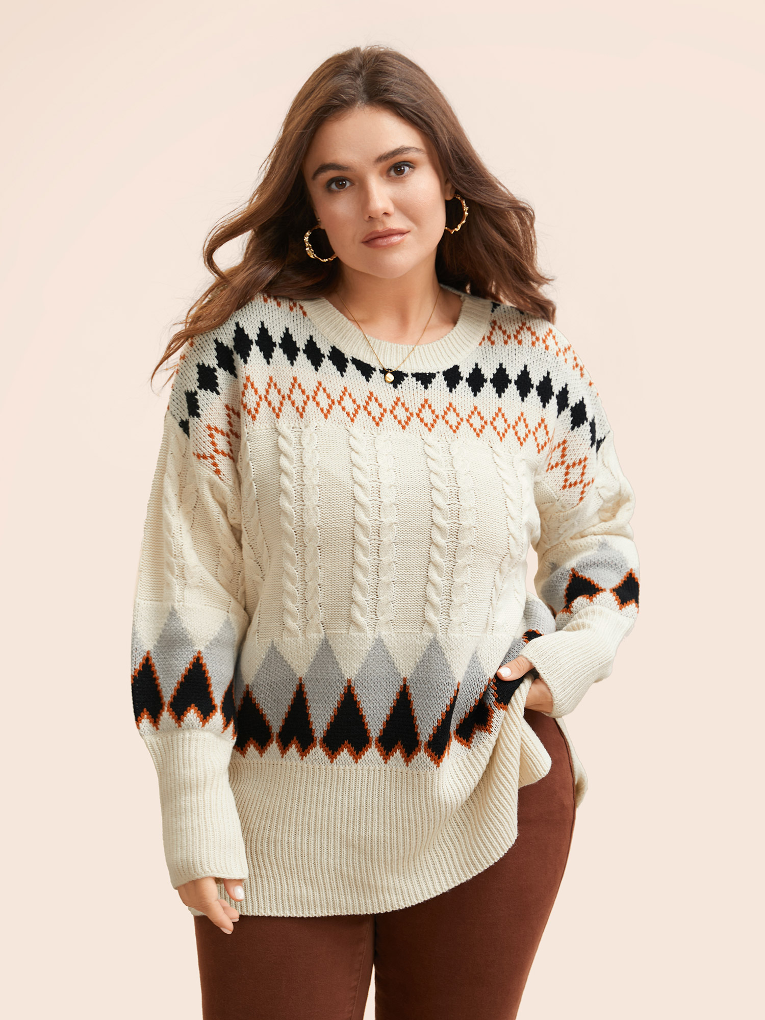 

Plus Size Fair Isle Crew Neck Split Hem Pullover Beige Women Casual Long Sleeve Round Neck Everyday Pullovers BloomChic