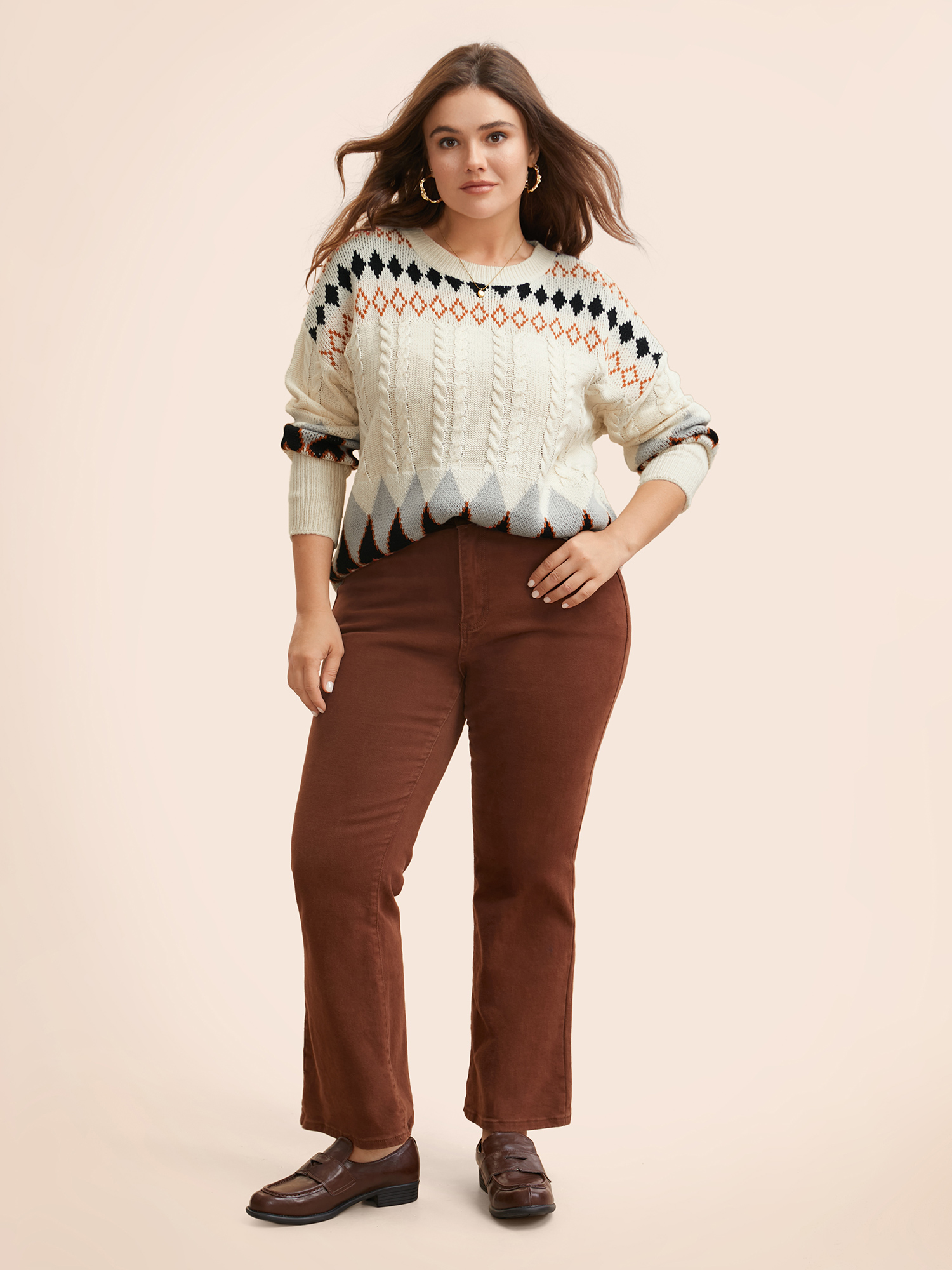 

Plus Size Fair Isle Crew Neck Split Hem Pullover Beige Women Casual Long Sleeve Round Neck Everyday Pullovers BloomChic