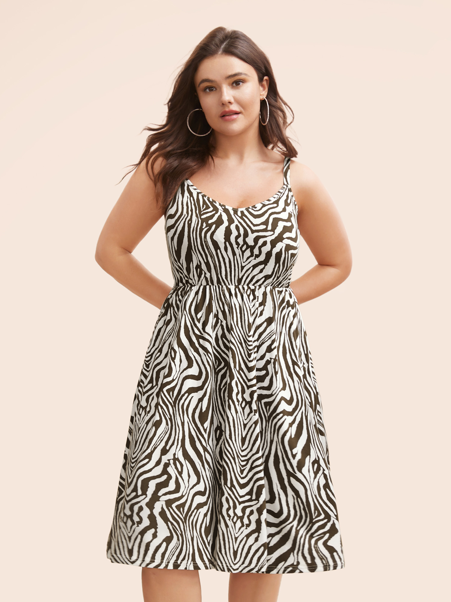 

Plus Size Zebra Print Midi Cami Dress Browncoffeecolor Women Casual Non V-neck Sleeveless Curvy BloomChic