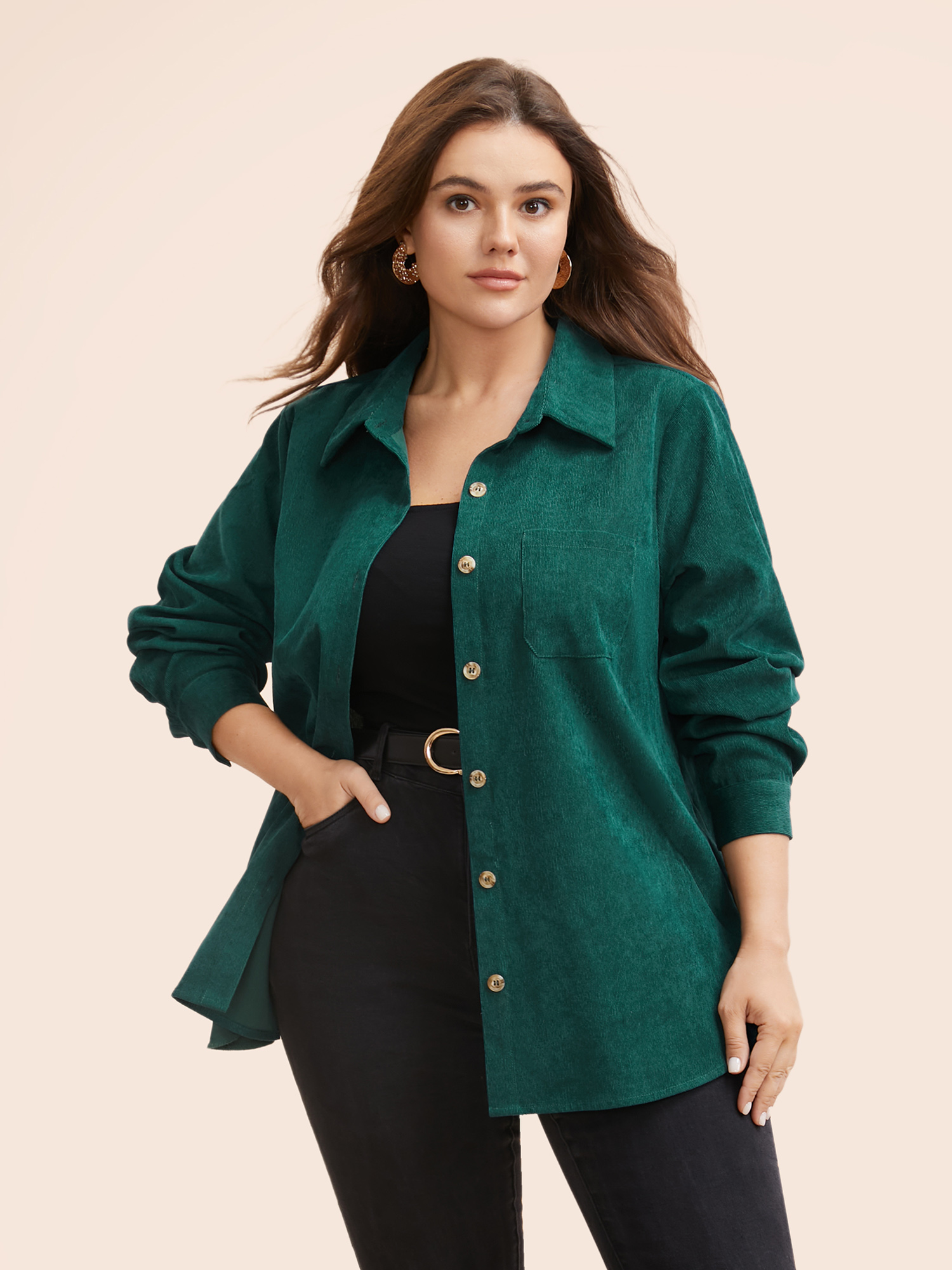 

Plus Size Textured Pocket Curved Hem Jacket Women DarkGreen Button Side seam pocket Everyday Jackets BloomChic