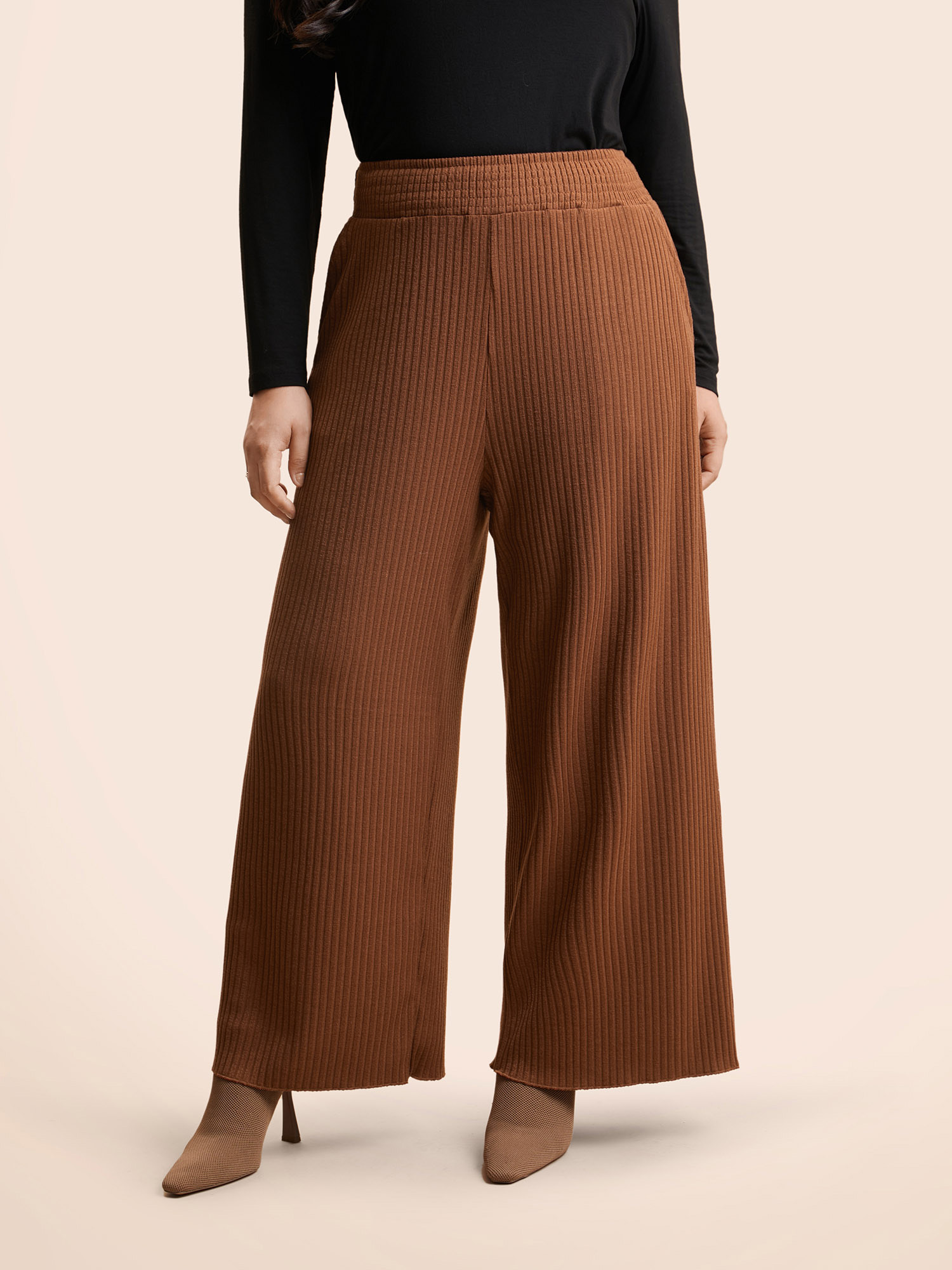 

Plus Size Textured Mid Rise Wide Leg Pants Women Yellowishbrown Casual Wide Leg Mid Rise Everyday Pants BloomChic