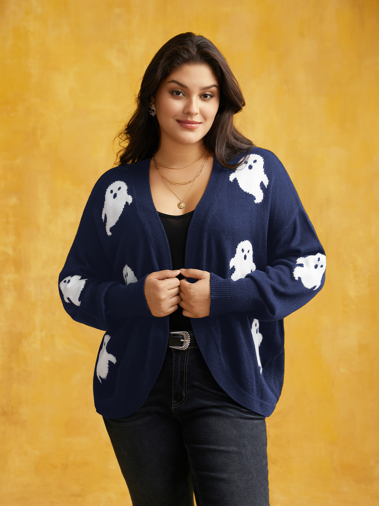 

Plus Size Happy Ghost Jacquard Arc Cardigan Indigo Women Casual Loose Long Sleeve Everyday Cardigans BloomChic