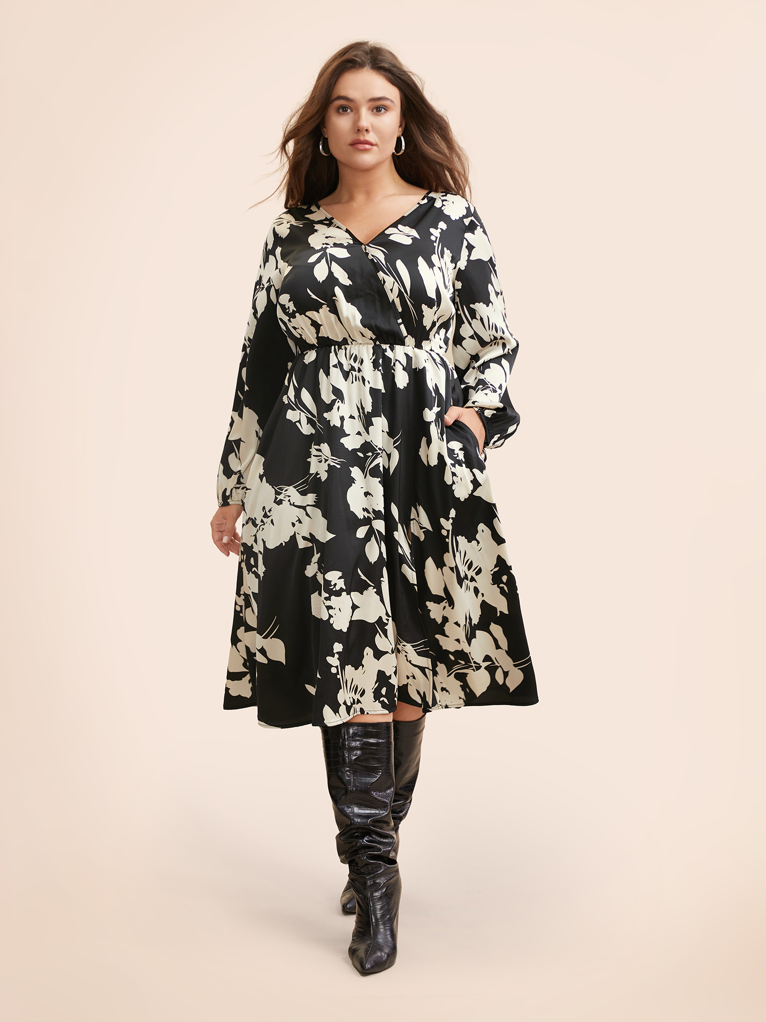 Plus Size Overlap Collar Silhouette Floral Print Gathered Dress Black Women Elegant Slit Overlap Collar Long Sleeve Curvy BloomChic 10/M 