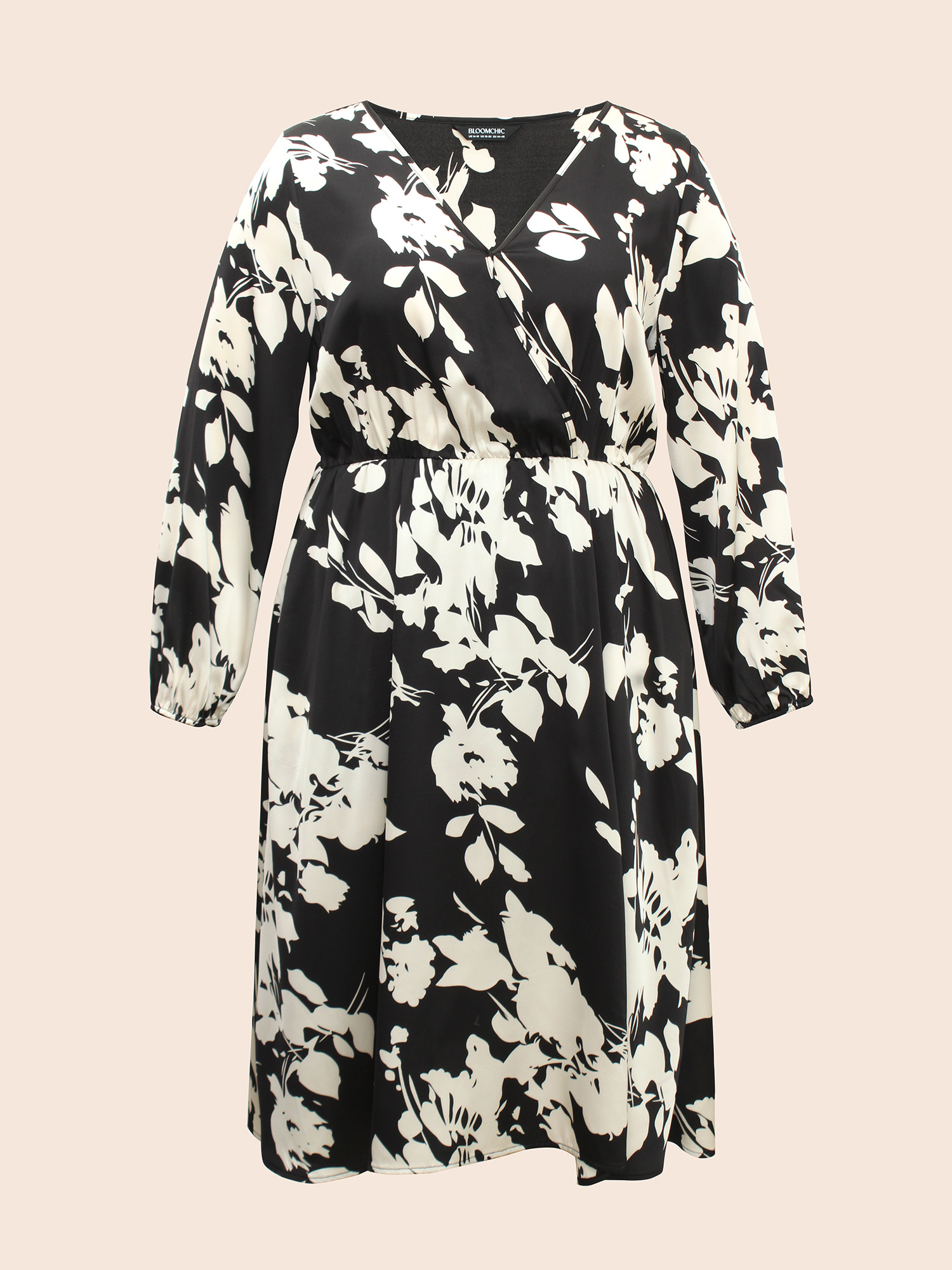 Plus Size Overlap Collar Silhouette Floral Print Gathered Dress Black Women Elegant Slit Overlap Collar Long Sleeve Curvy BloomChic 10/M 