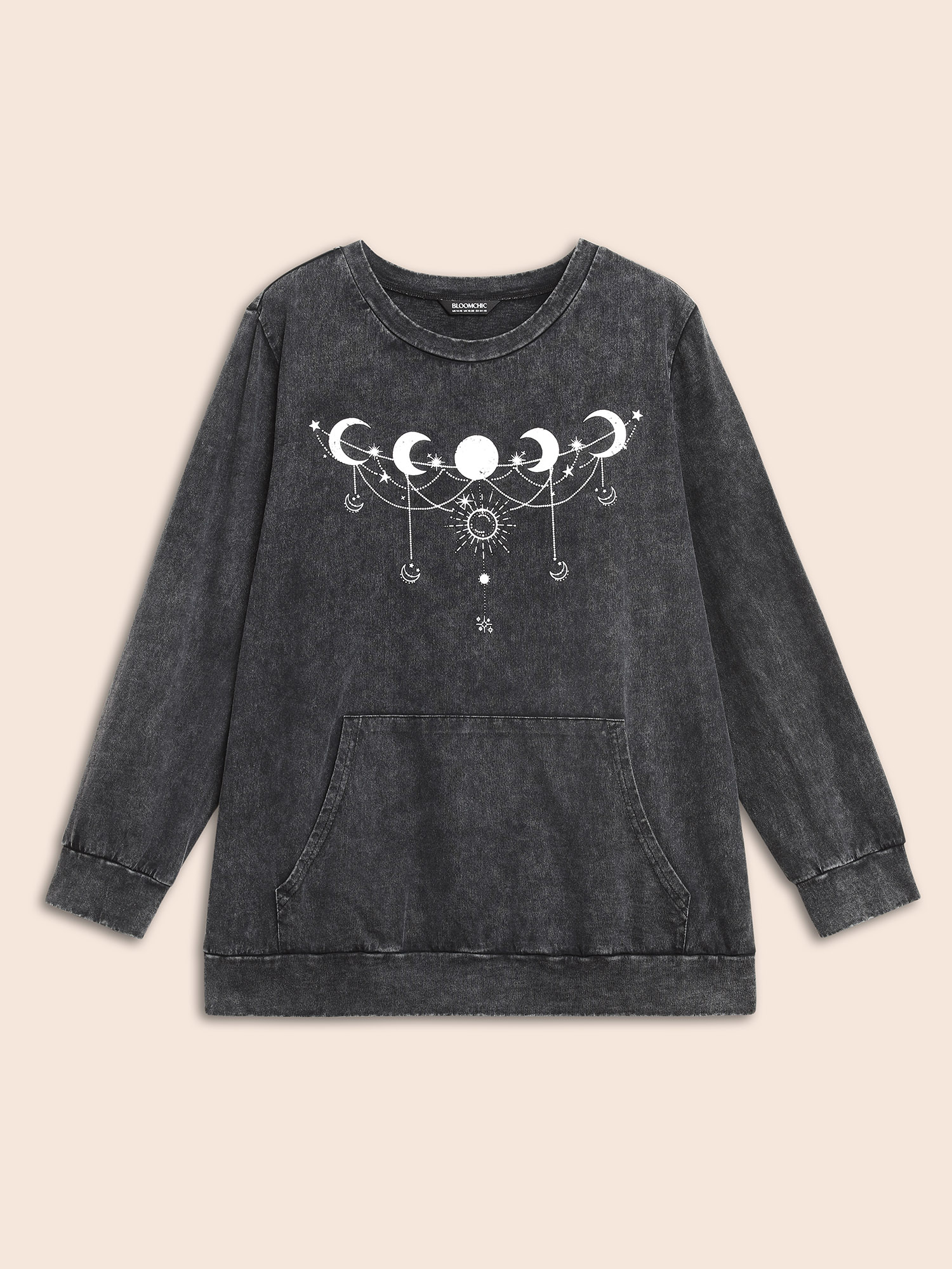 

Plus Size Moon & Star Print Vintage Pocket Sweatshirt Women Acidwashblack Casual Non Round Neck Everyday Sweatshirts BloomChic