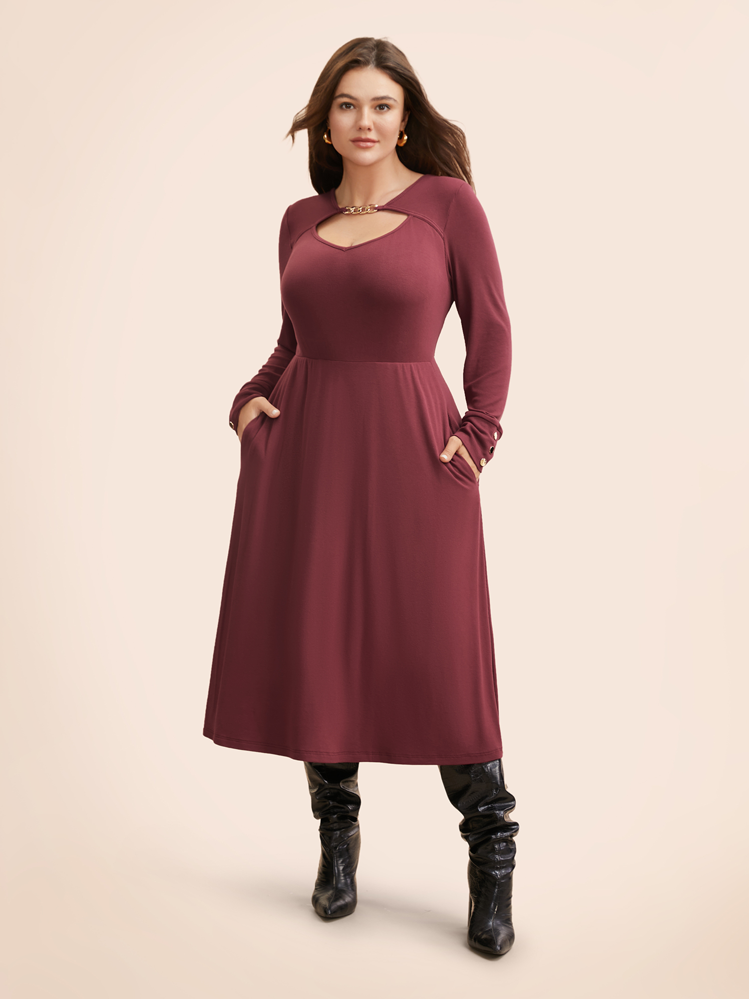 

Plus Size Metal Chain Detail Cut Out Midi Dress Burgundy Women Elegant Cut-Out Asymmetrical Neck Long Sleeve Curvy BloomChic