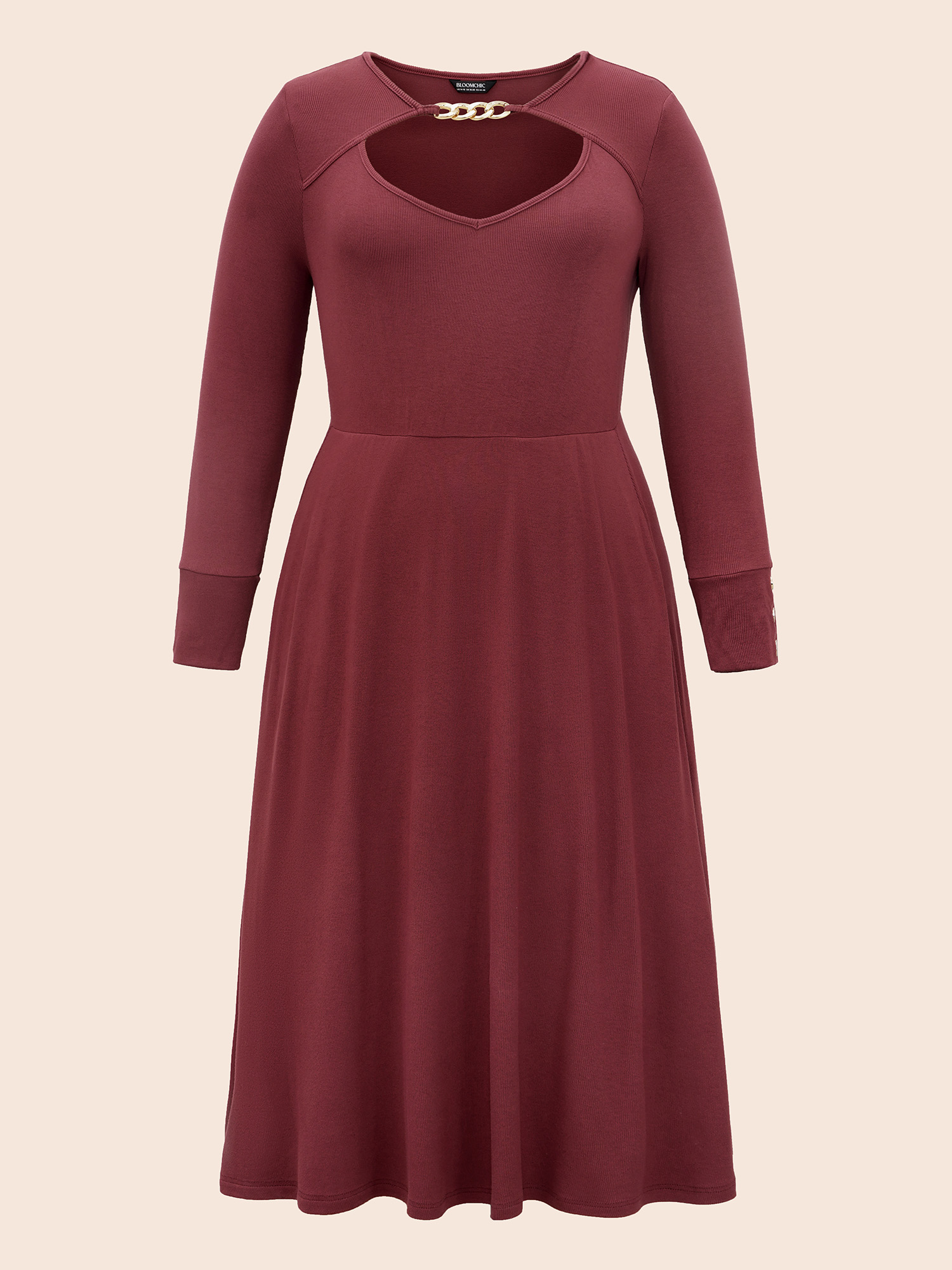 

Plus Size Metal Chain Detail Cut Out Midi Dress Burgundy Women Elegant Cut-Out Asymmetrical Neck Long Sleeve Curvy BloomChic