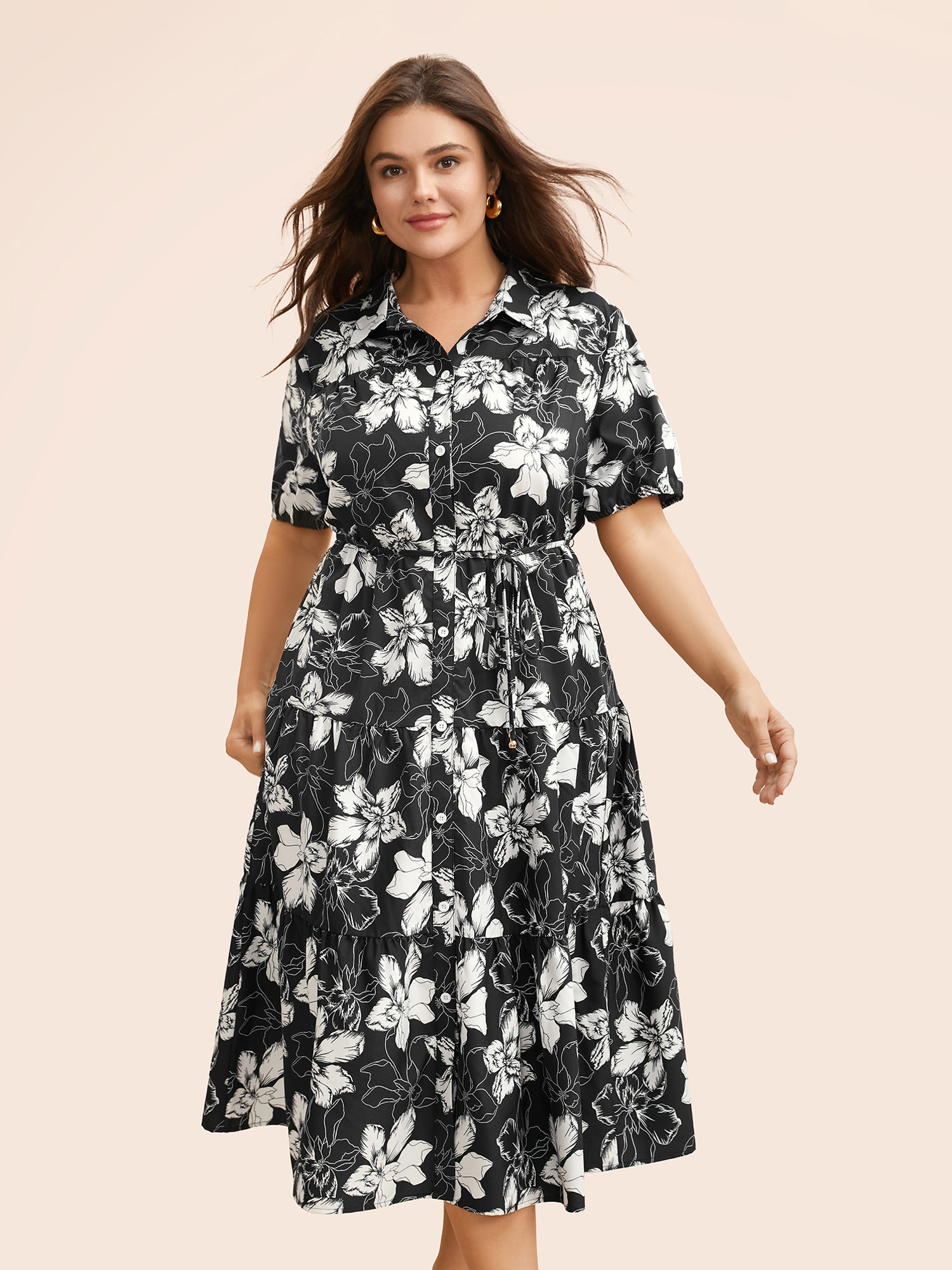 

Plus Size Floral Shirt Collar Belted Midi Dress Black Women Elegant Belted Shirt collar Short sleeve Curvy BloomChic