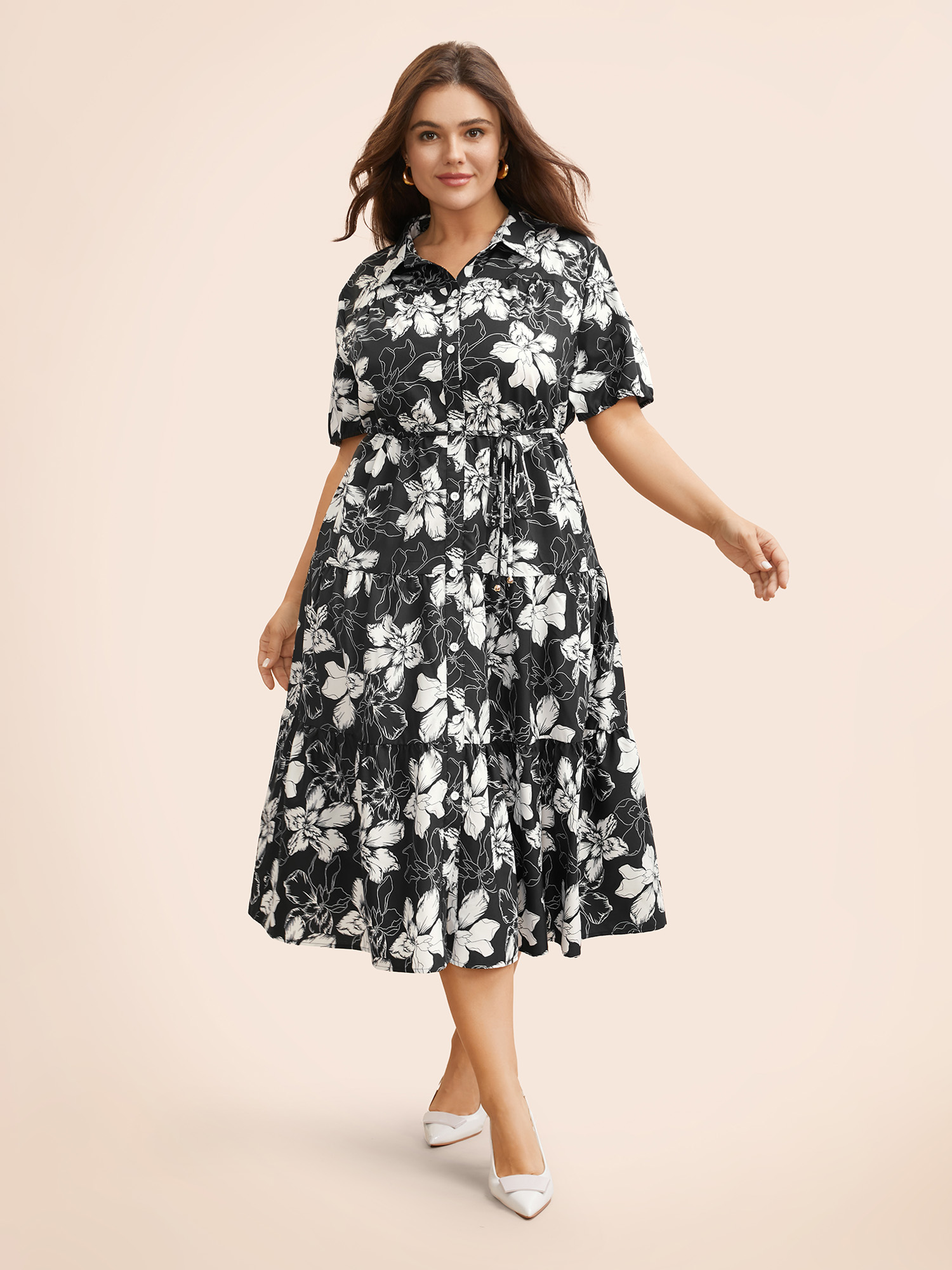 

Plus Size Floral Shirt Collar Belted Midi Dress Black Women Elegant Belted Shirt collar Short sleeve Curvy BloomChic