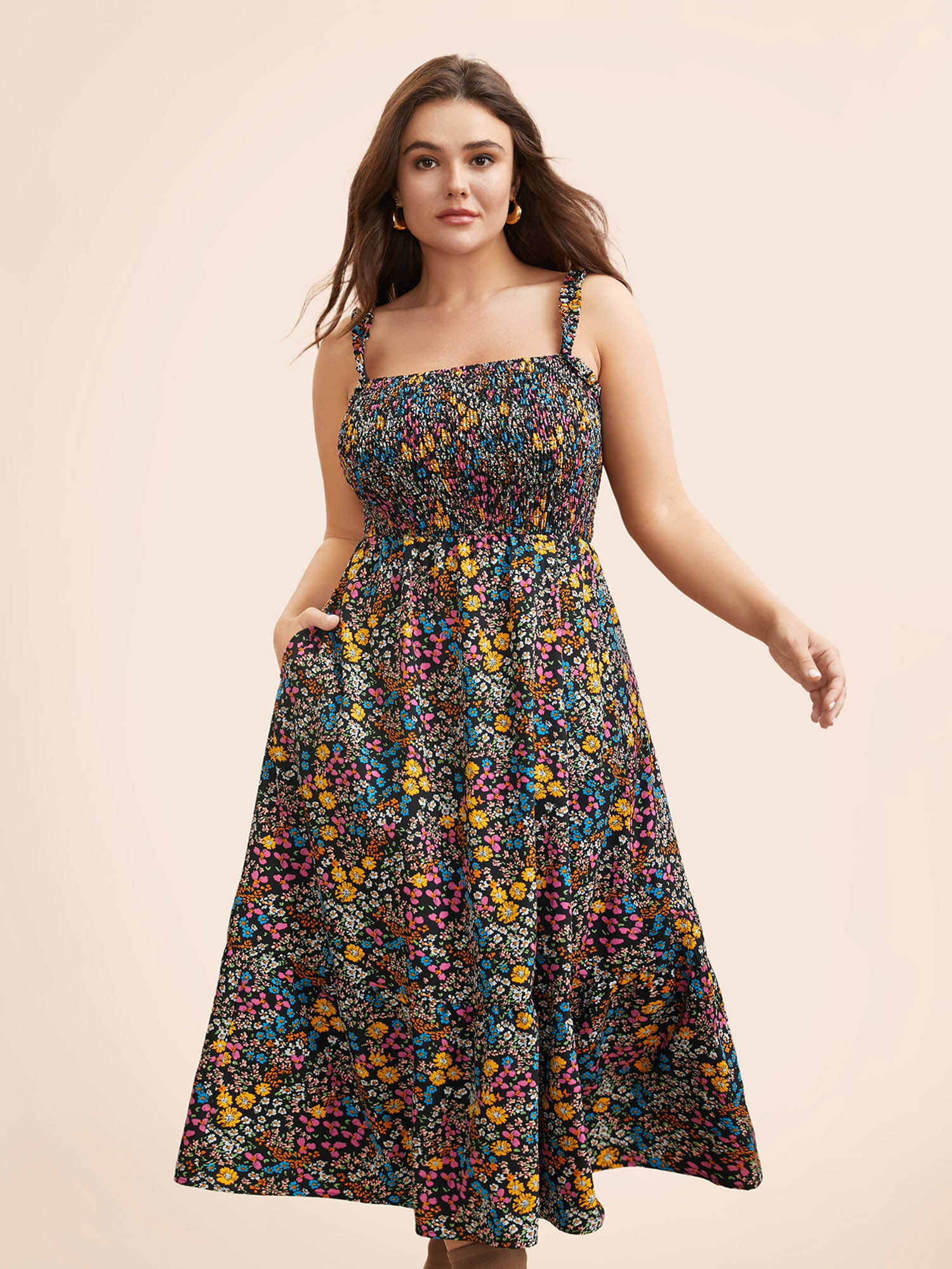 

Plus Size Ditsy Floral Shirred Ruffles Midi Dress Black Women Elegant Shirred Non Sleeveless Curvy BloomChic