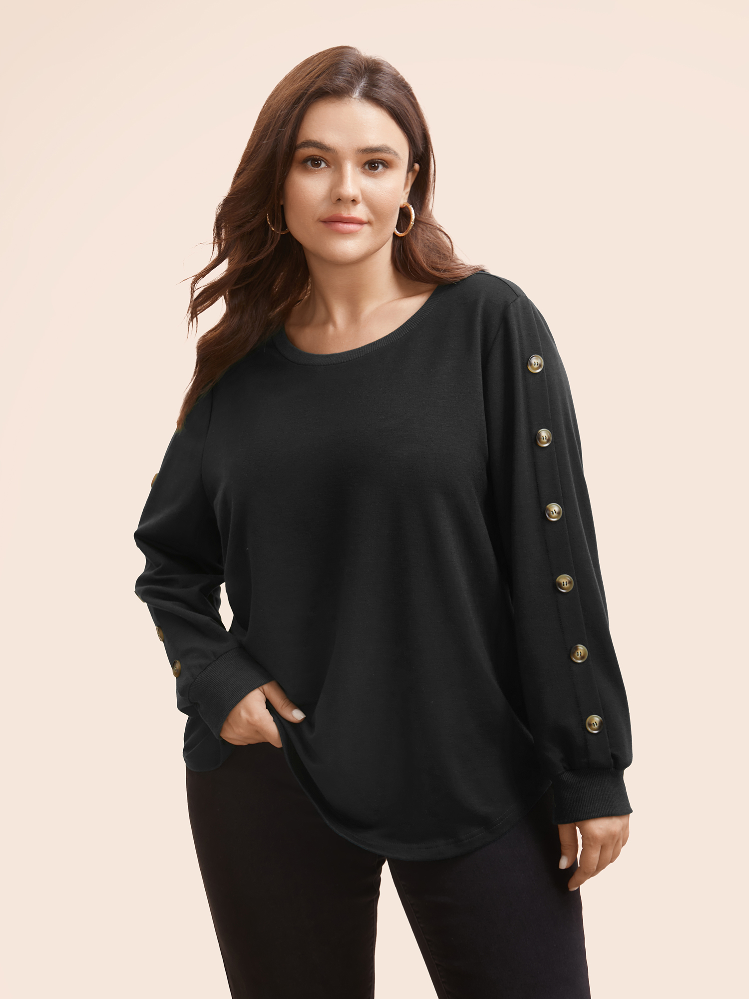 

Plus Size Crew Neck Patchwork Button Detail Sweatshirt Women Black Casual Patchwork Round Neck Everyday Sweatshirts BloomChic