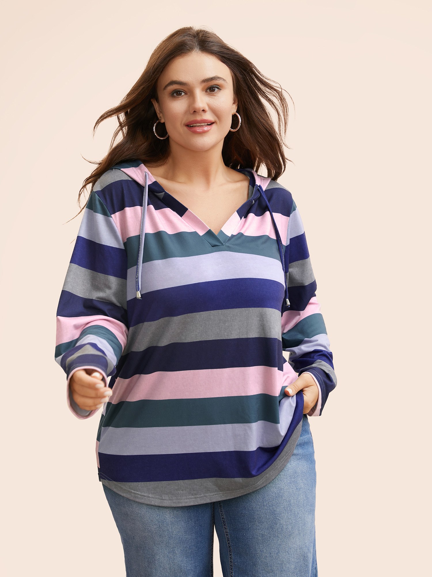 

Plus Size Contrast Striped Hooded Drawstring T-shirt Multicolor Women Casual Drawstring Hooded Everyday T-shirts BloomChic