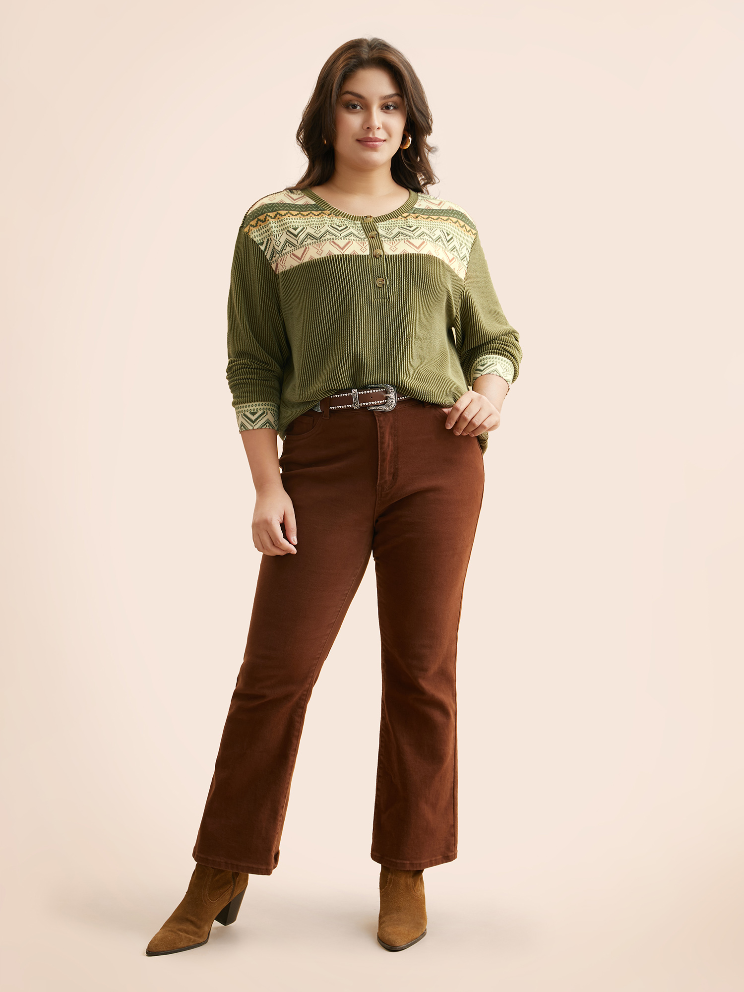 Plus Size Bandana Patchwork Button Up T-shirt ArmyGreen Women Casual Texture Round Neck Everyday T-shirts BloomChic 22-24/3X 