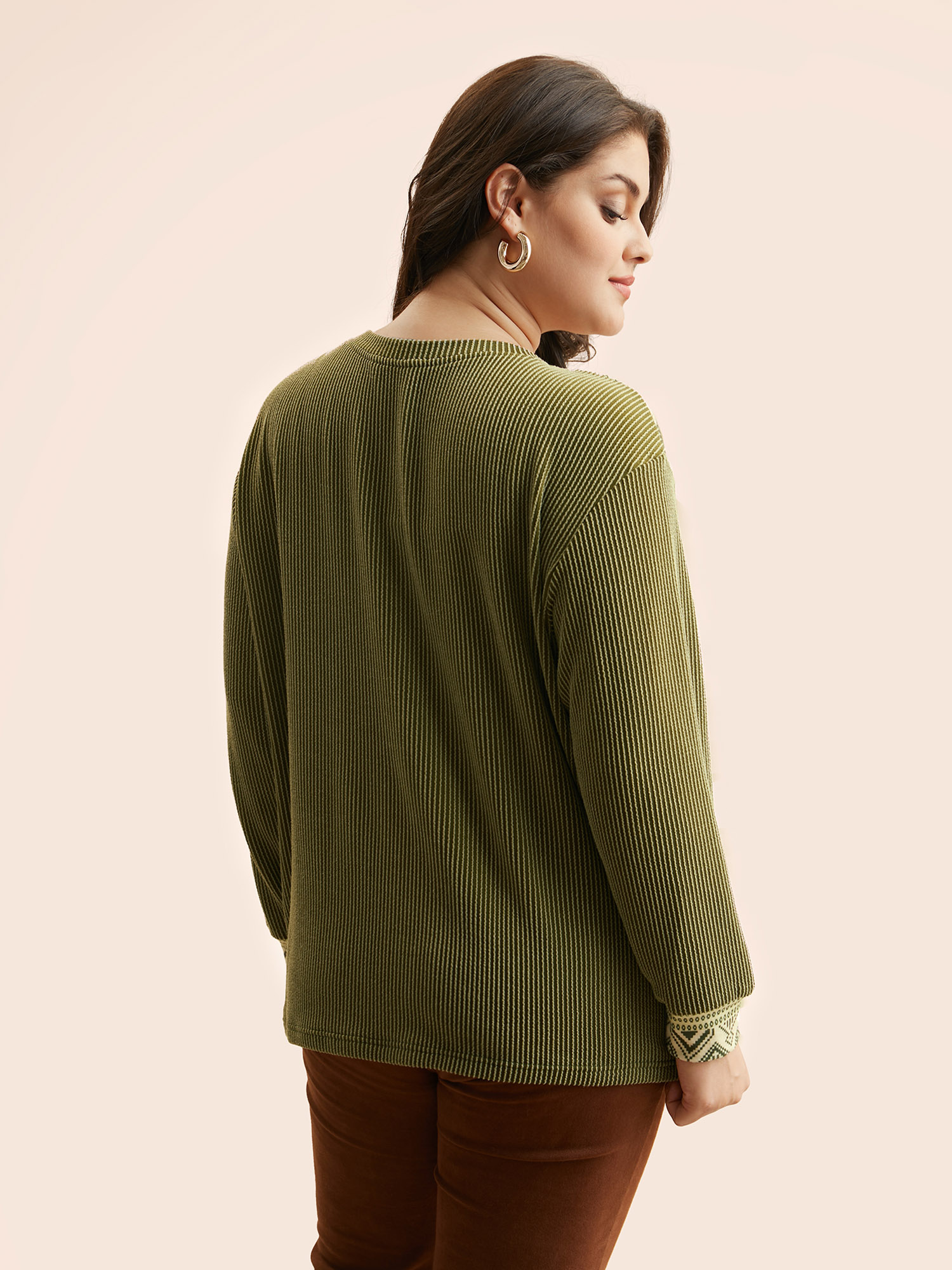 Plus Size Bandana Patchwork Button Up T-shirt ArmyGreen Women Casual Texture Round Neck Everyday T-shirts BloomChic 22-24/3X 